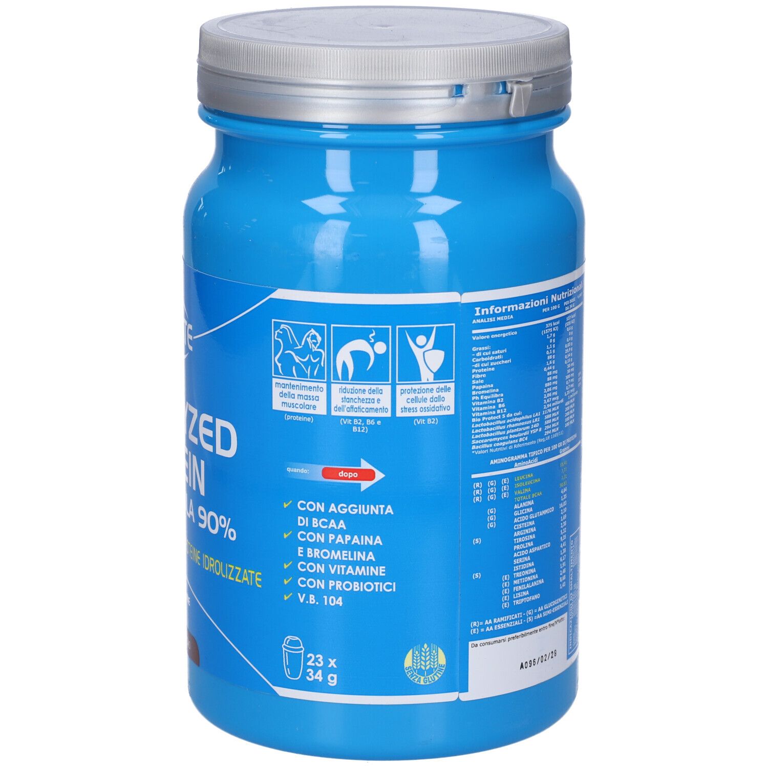 Barattolo blu con coperchio argentato. Scritta: HYDROLYZED PROTEIN GOLD FORMULA 90%. Con vitamine e minerali. 800g Gusto Cacao. 23x34g.
