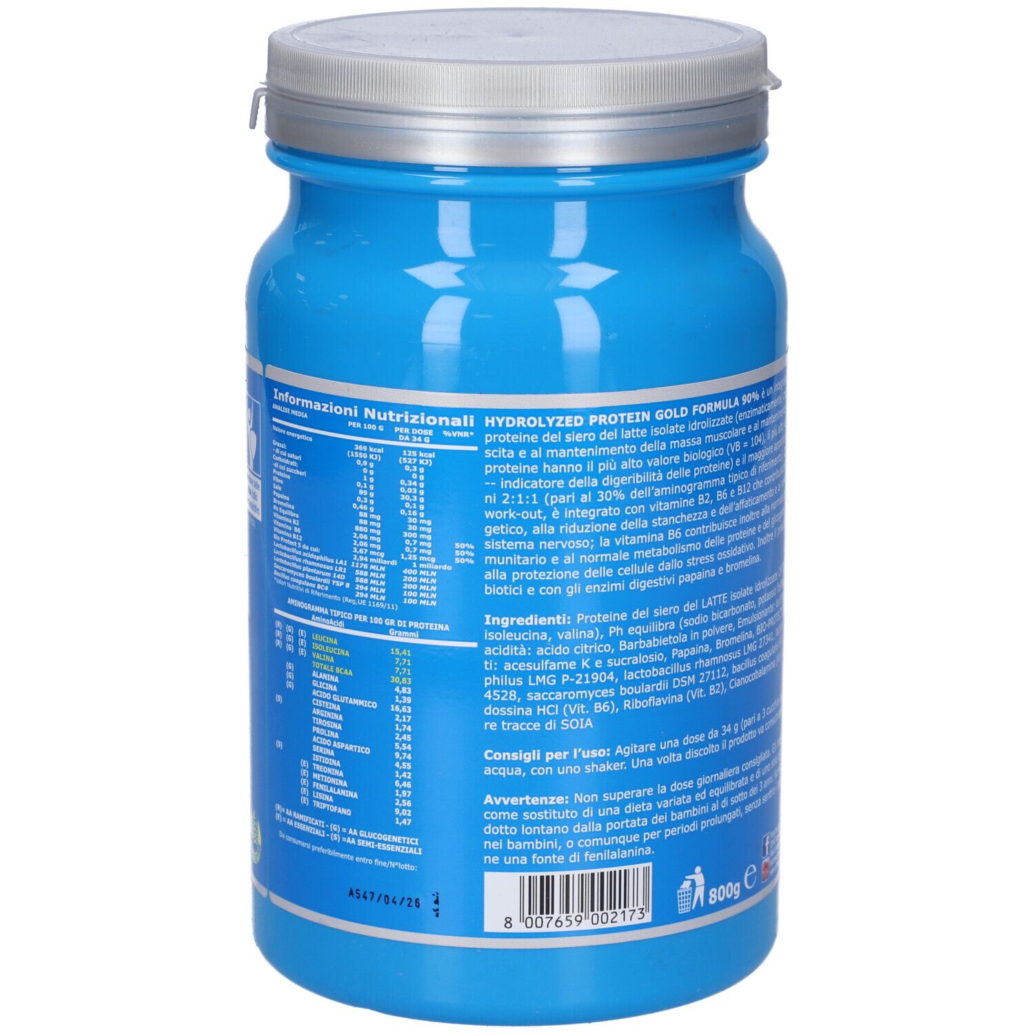 Retro di un barattolo blu con coperchio argentato. Testo: HYDROLYZED PROTEIN GOLD FORMULA 90%.