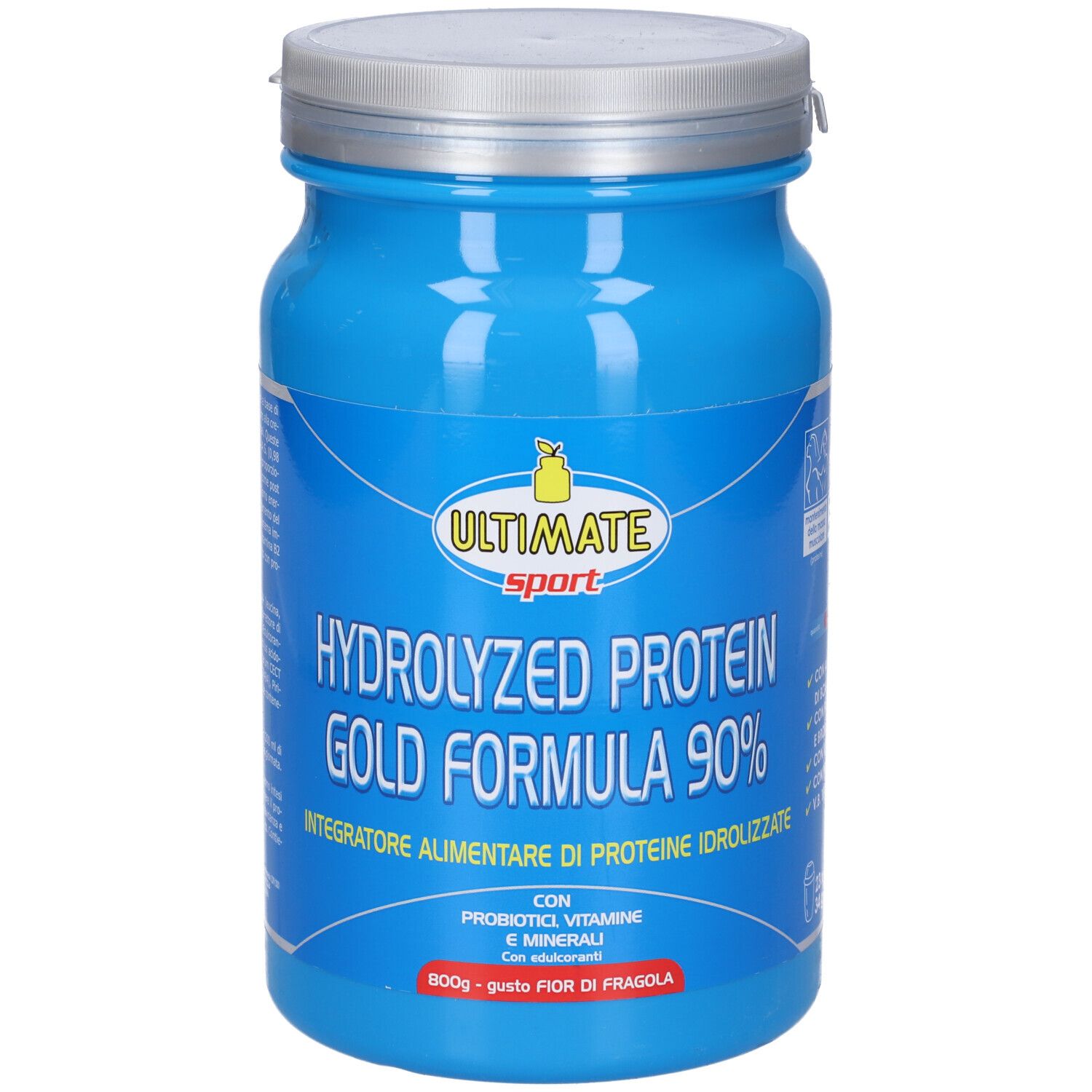 Barattolo blu con coperchio argentato. Scritta: HYDROLYZED PROTEIN GOLD FORMULA 90%. Con informazioni.