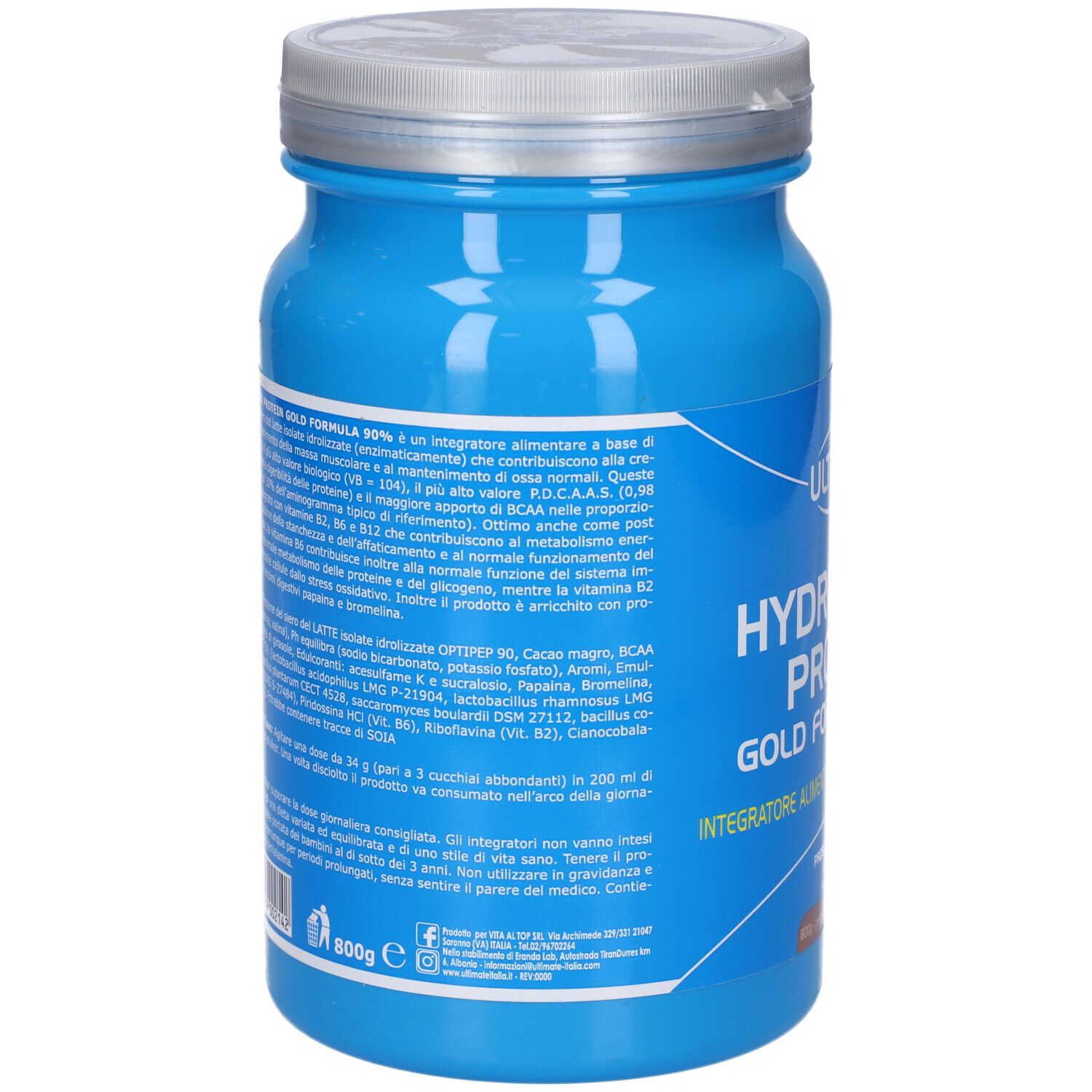 Retro del barattolo blu. Testo con ingredienti e informazioni nutrizionali. Scritta: HYDROLYZED PROTEIN GOLD FORMULA 90%.