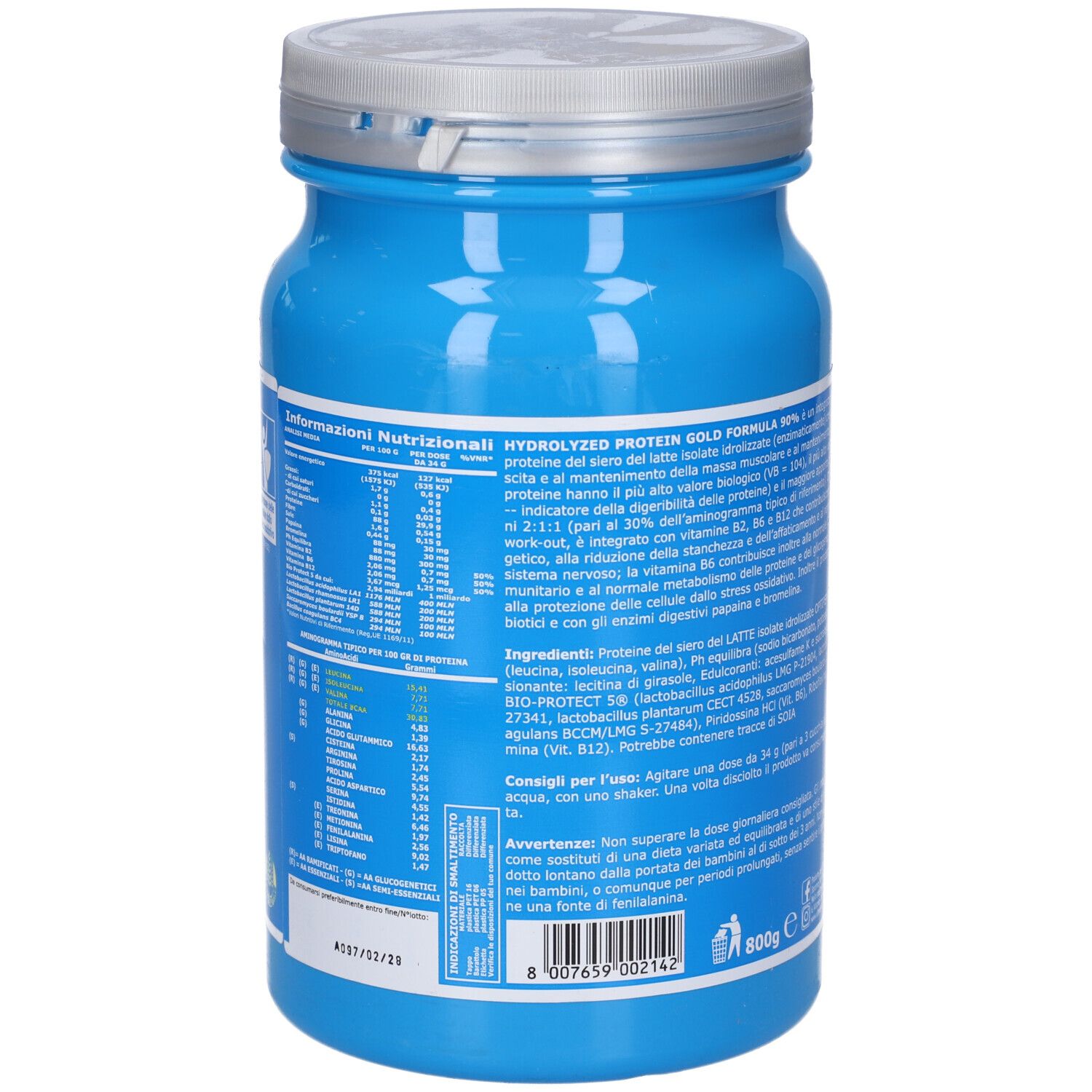 Retro del barattolo blu. Testo con informazioni nutrizionali e ingredienti. Scritta: HYDROLYZED PROTEIN GOLD FORMULA 90%.