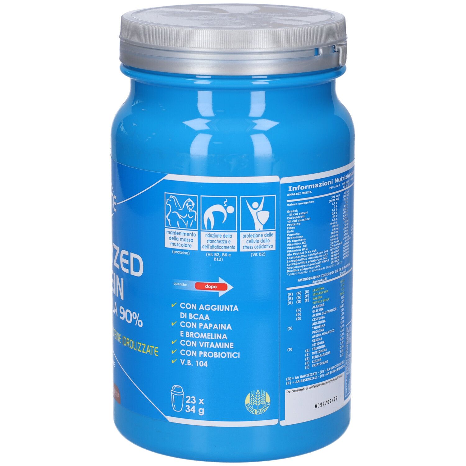 Barattolo blu con coperchio argentato. Scritta: ULTIMATE, HYDROLYZED PROTEIN, GOLD FORMULA 90%. Integratore alimentare.