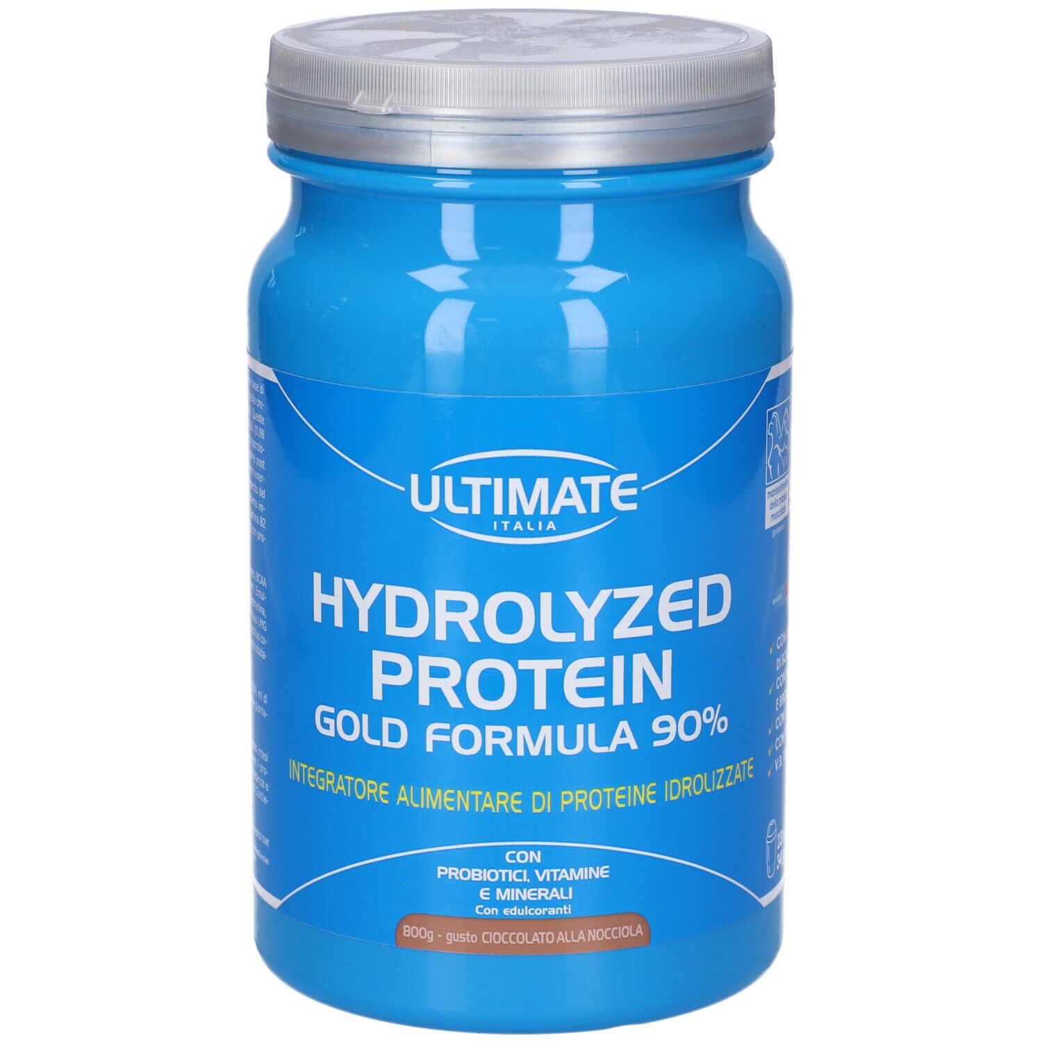 Barattolo blu con coperchio argentato. Scritta: ULTIMATE, HYDROLYZED PROTEIN, GOLD FORMULA 90%. Integratore alimentare.