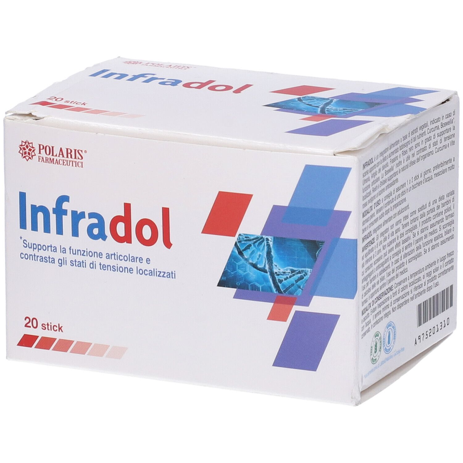 Scatola bianca Infradol, 20 stick. Forme geometriche blu, rosse e viola. Testo e logo Polaris Farmaceutici.