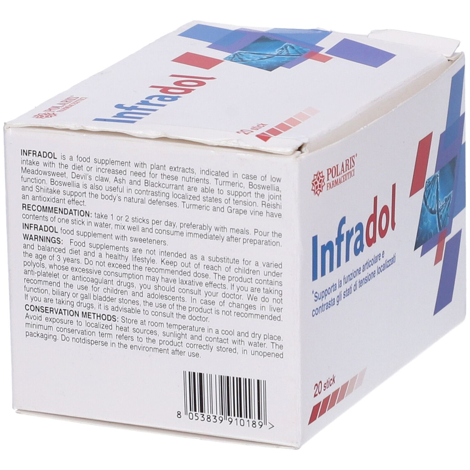 Scatola bianca Infradol, 20 stick. Testo, ingredienti e informazioni nutrizionali. Logo Polaris Farmaceutici.