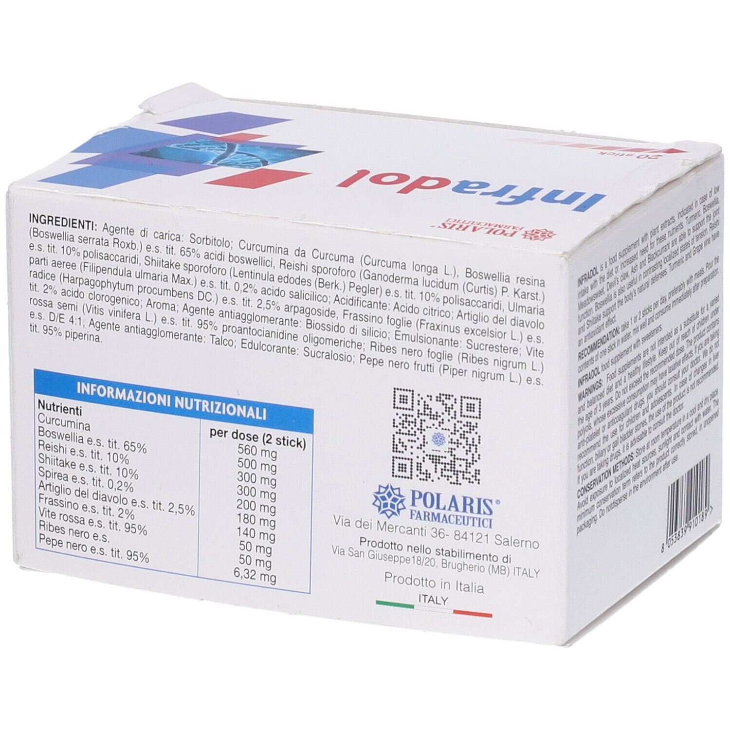 Scatola bianca Infradol, 20 stick. Ingredienti e informazioni nutrizionali. Codice QR. Logo Polaris Farmaceutici.