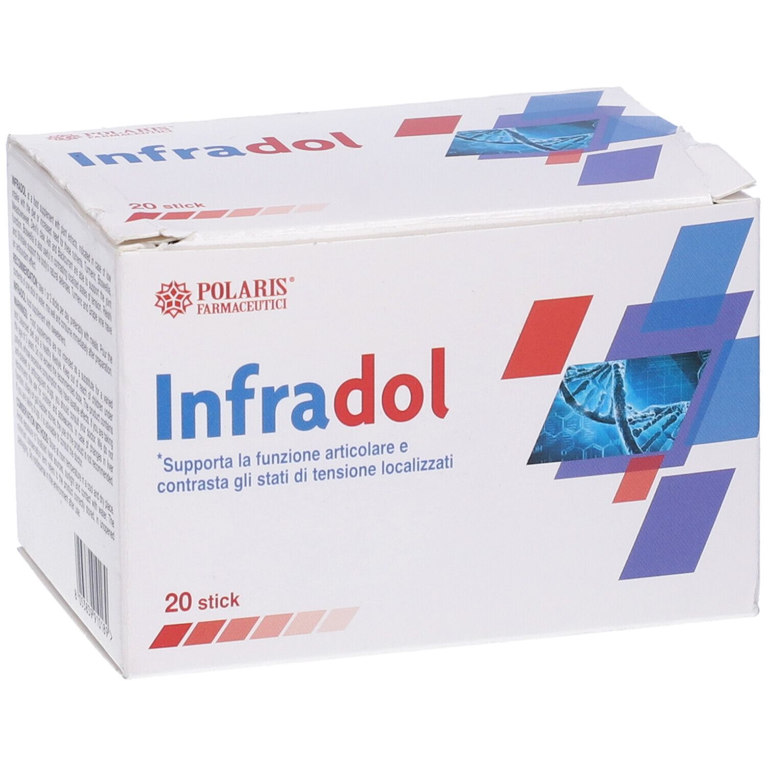 Scatola bianca Infradol, 20 stick. Forme geometriche blu, rosse e viola. Logo Polaris Farmaceutici.