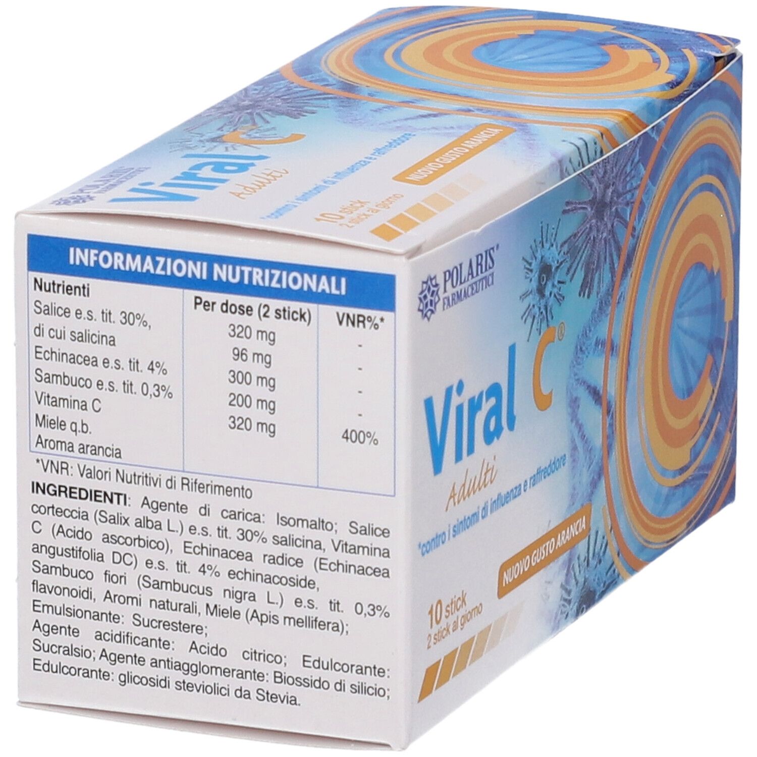 Confezione di Viral C per adulti, contiene 10 bustine. Include informazioni nutrizionali e ingredienti.