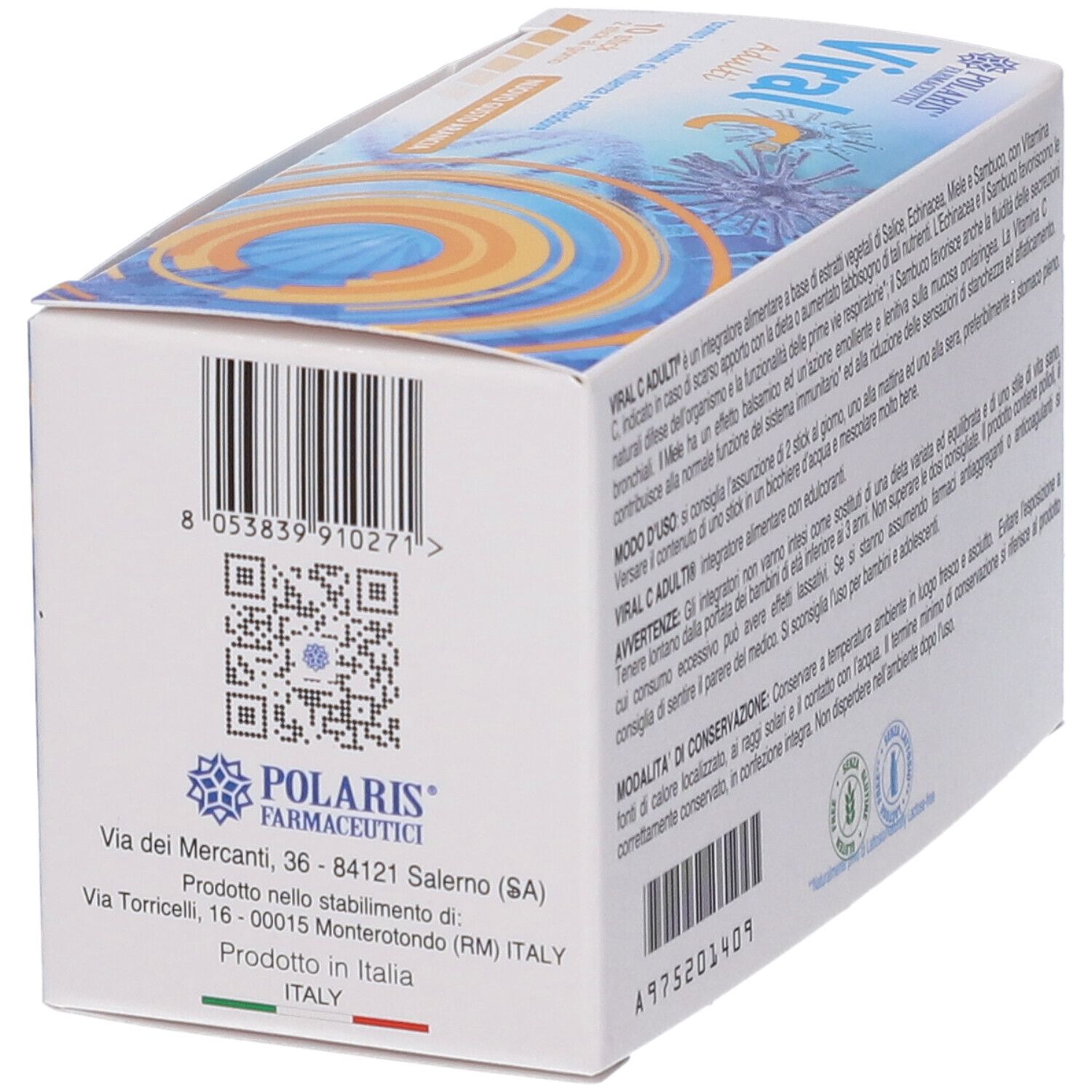 Confezione con codice a barre e QR code, informazioni produttore e nome prodotto 'Viral C Adult'.