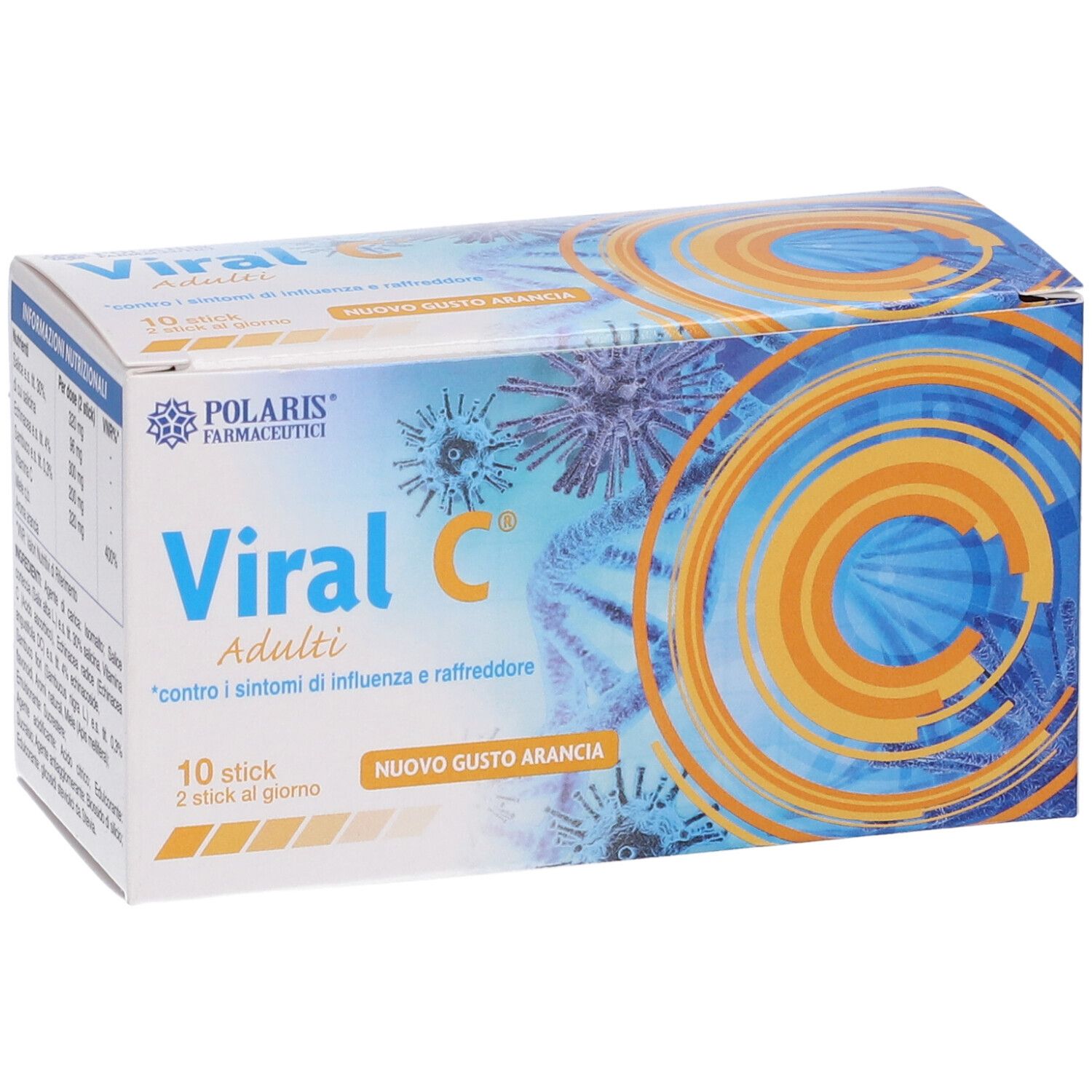 Confezione Viral C Adulti, 10 stick, gusto arancia, contro i sintomi di influenza e raffreddore.