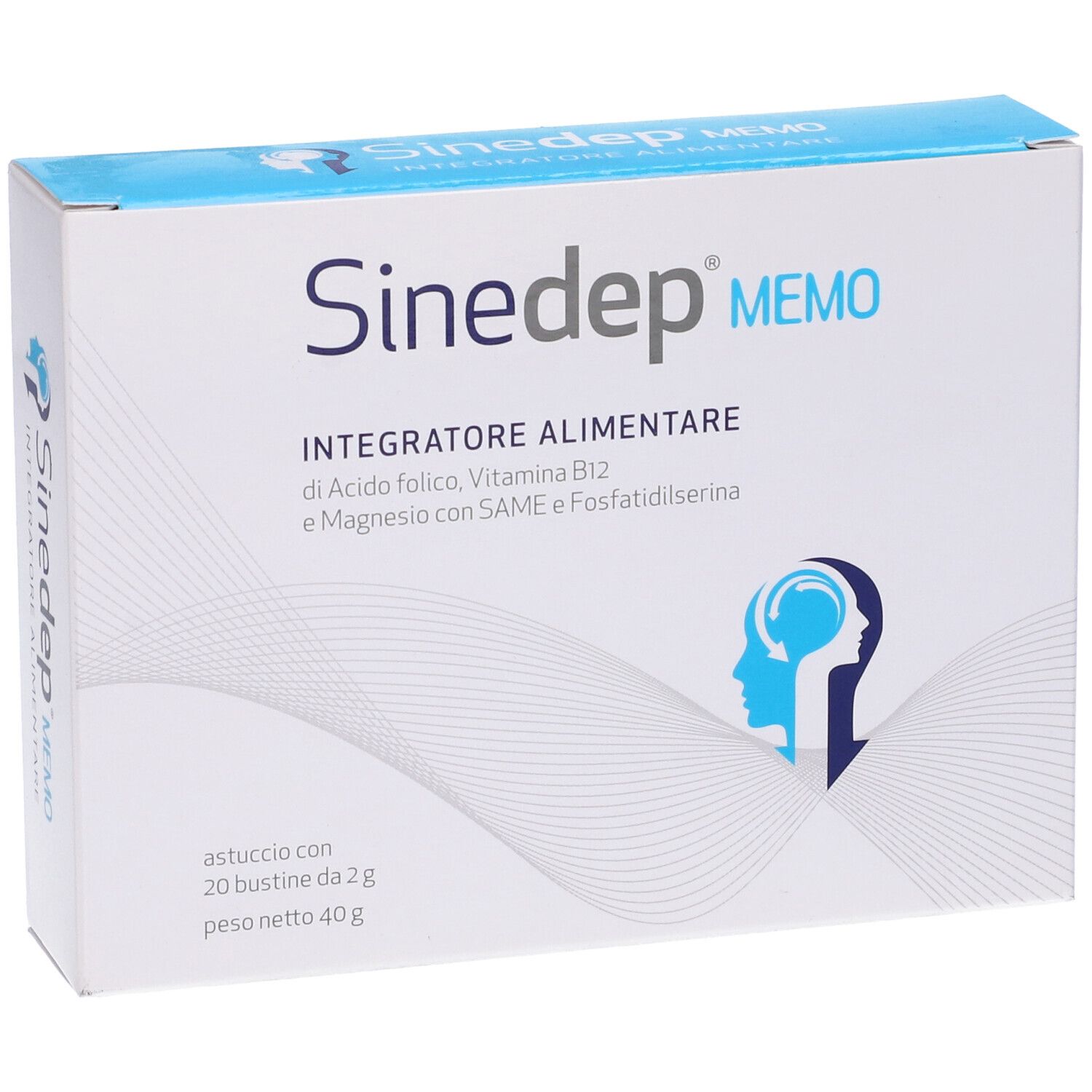 Confezione Sinedep Memo. Scatola blu e bianca. Testo: Integratore Alimentare. Contiene 20 bustine.