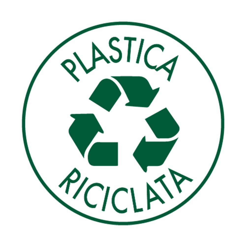 Adesivo rotondo con bordo verde. Testo: PLASTICA RICICLATA.