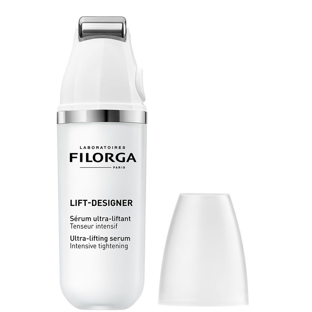 Siero bianco con anello argentato e scritta. Nome del prodotto: FILORGA Lift-Designer. Tappo accanto.