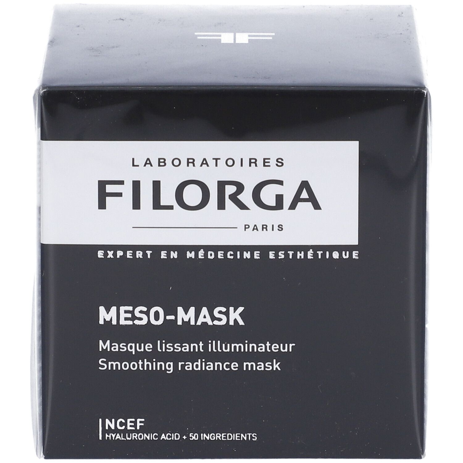 Scatola nera con logo FILORGA e nome del prodotto MESO-MASK. Testo in francese e inglese. Logo NCEF e ingredienti.