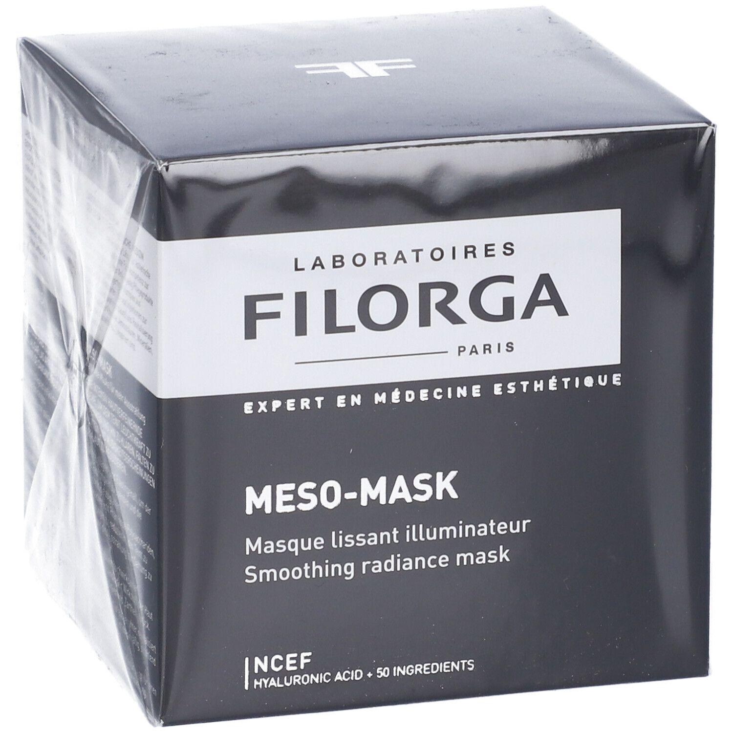 Scatola nera con logo FILORGA e nome del prodotto MESO-MASK. Testo in francese e inglese. Logo NCEF e ingredienti.