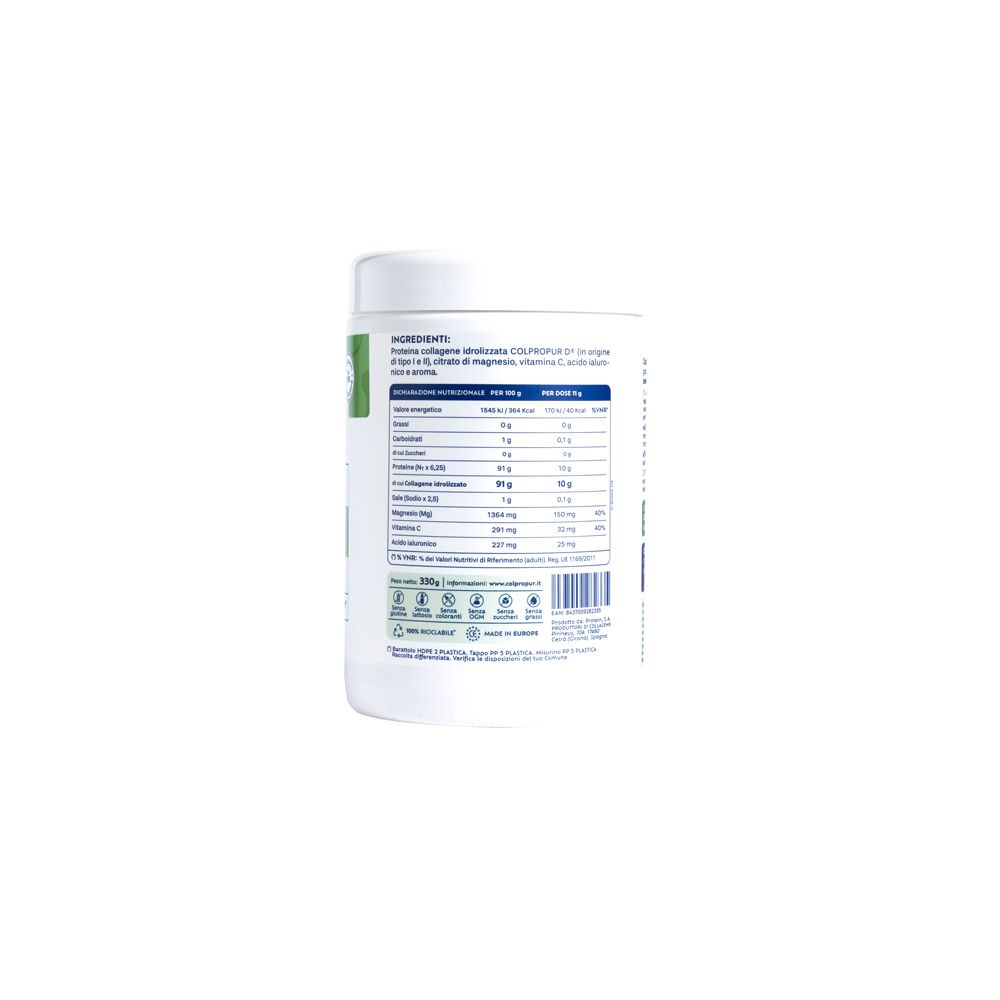 Retro del barattolo Colpropur ACTIVE. Contiene informazioni sugli ingredienti e i valori nutrizionali. Sfondo bianco.