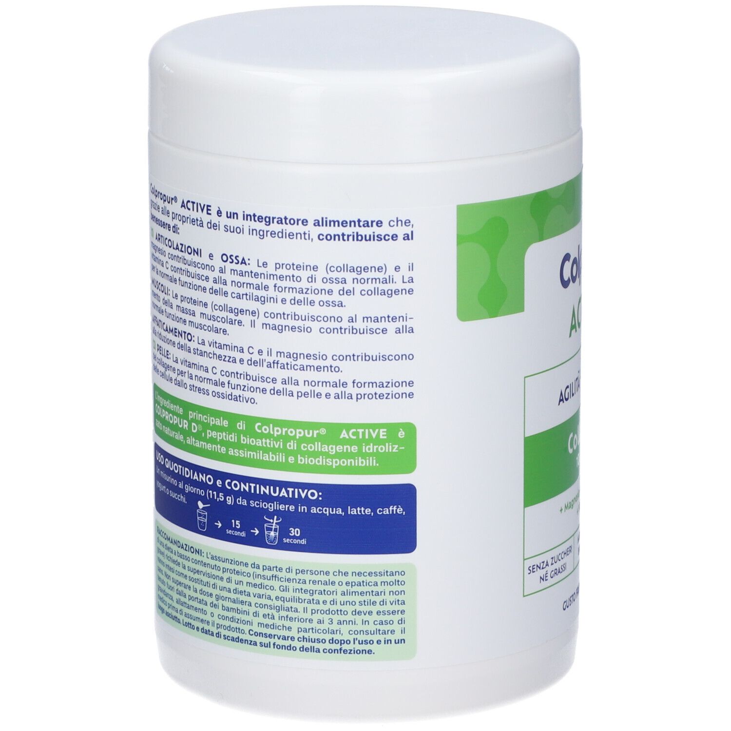 Retro del barattolo bianco Colpropur Active. Informazioni testuali su ingredienti e utilizzo. Contiene peptidi di collagene.