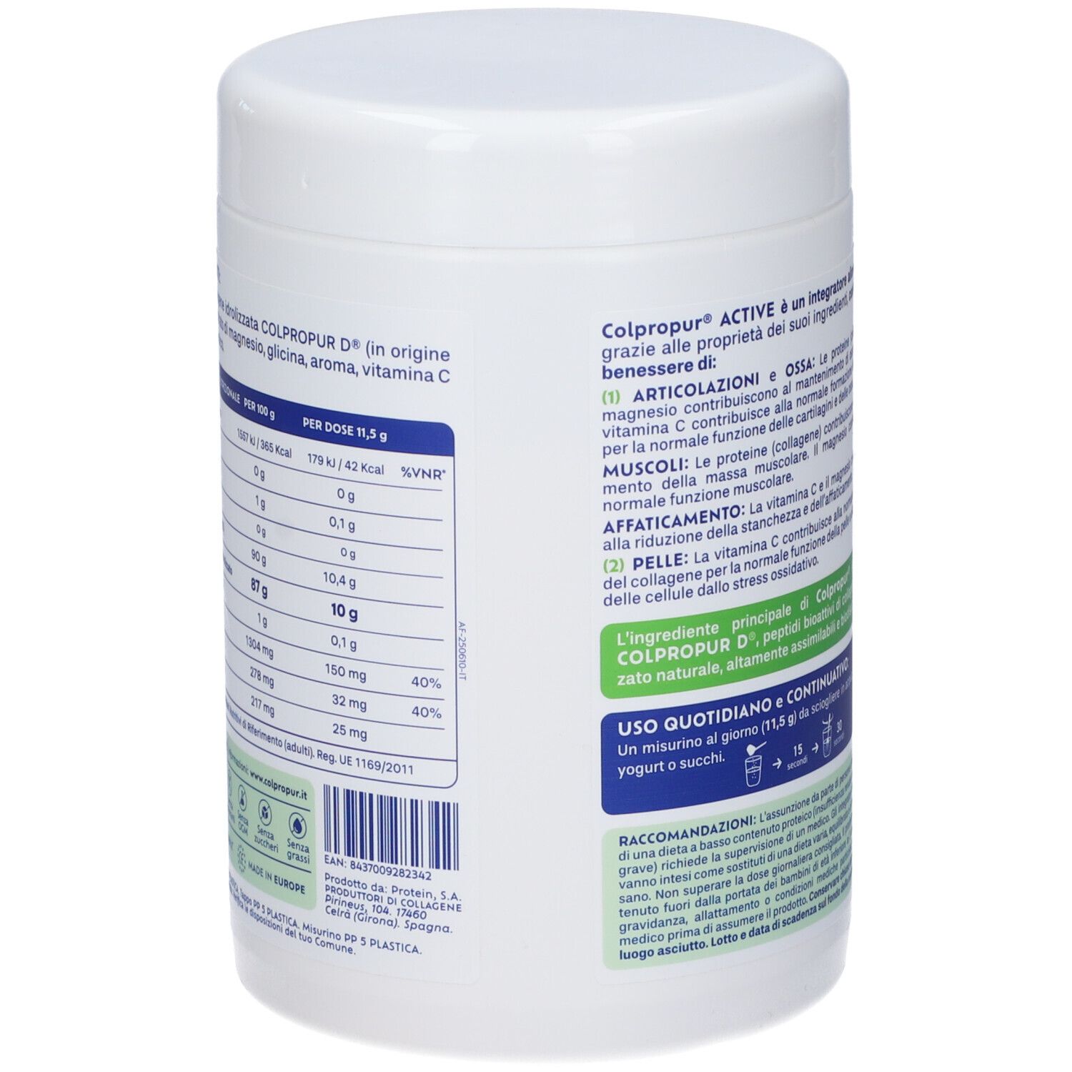 Retro del barattolo bianco Colpropur Active. Contiene informazioni nutrizionali e di utilizzo. Con collagene.
