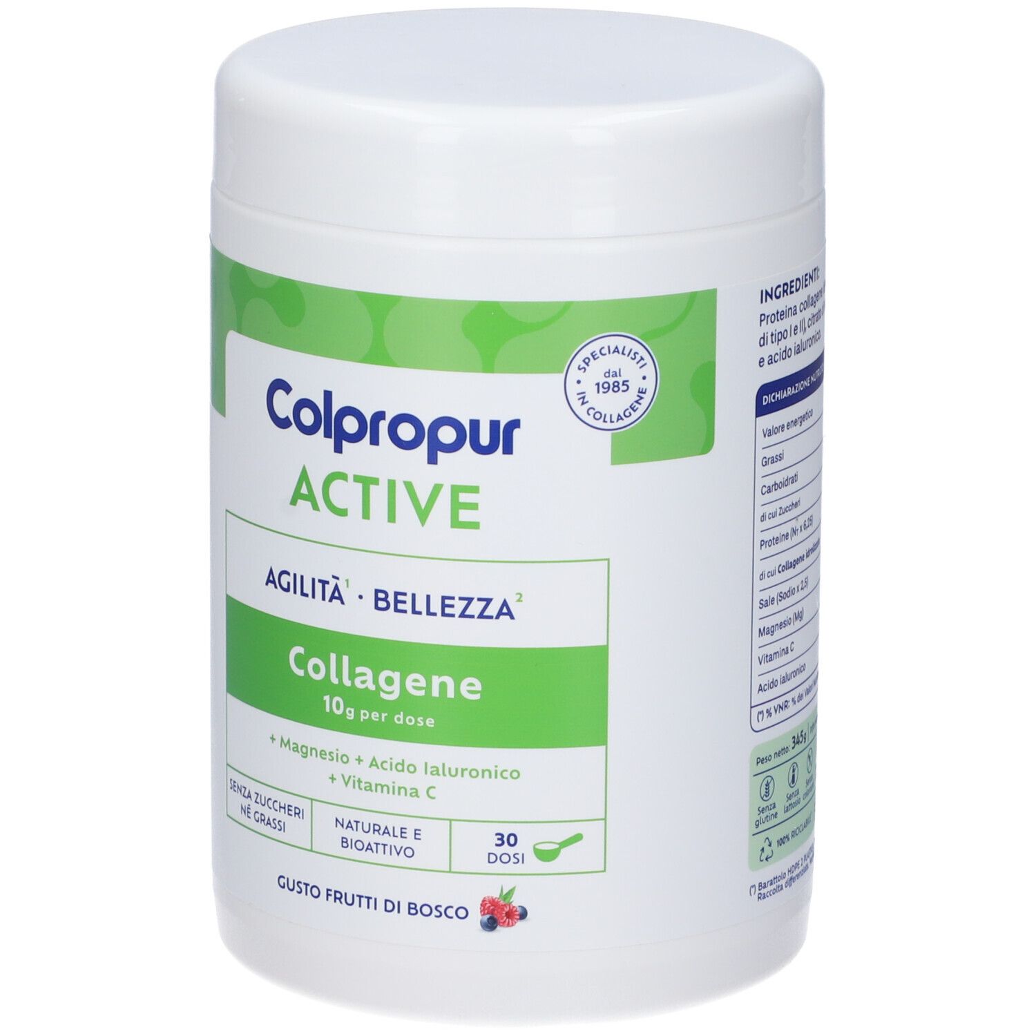 Barattolo bianco Colpropur Active con etichetta verde. Contiene collagene, magnesio, acido ialuronico e vitamina C. 30 dosi.