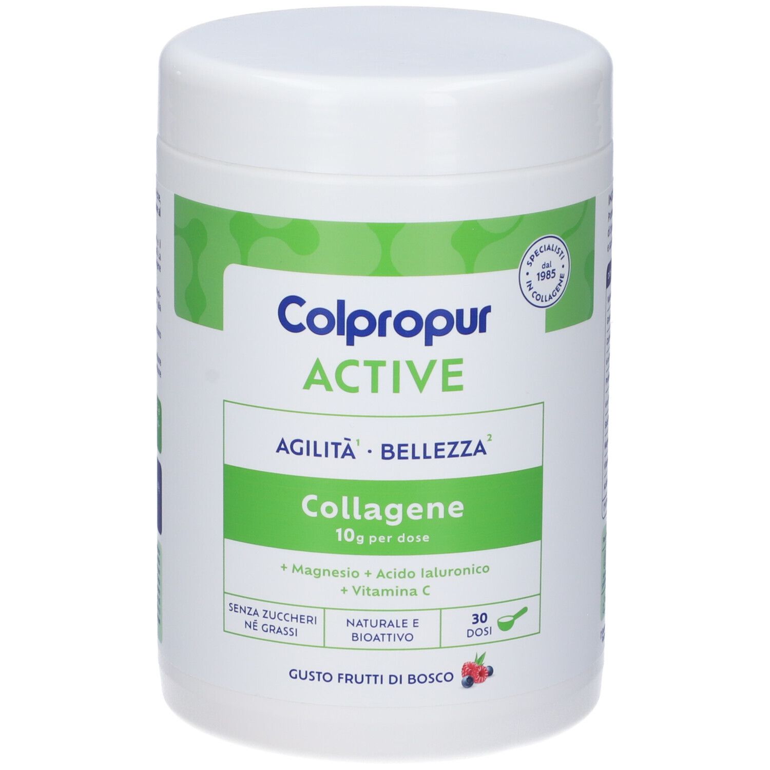 Barattolo bianco Colpropur Active con etichetta verde. Contiene collagene, magnesio, acido ialuronico e vitamina C. 30 dosi.