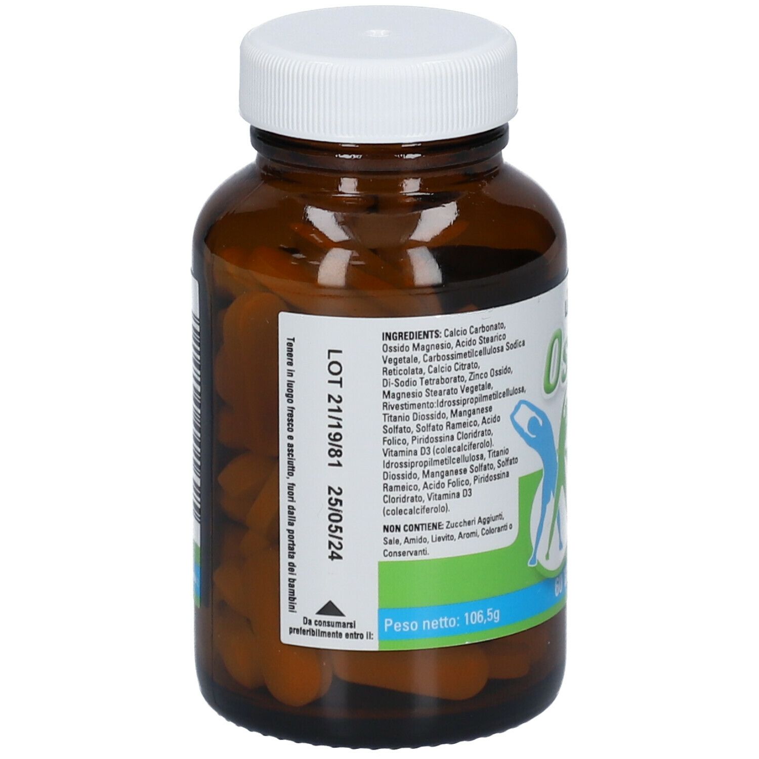 Retro del flacone di vetro marrone con tappo bianco. Contiene ingredienti e data di scadenza. LIFEPLAN Ostron.