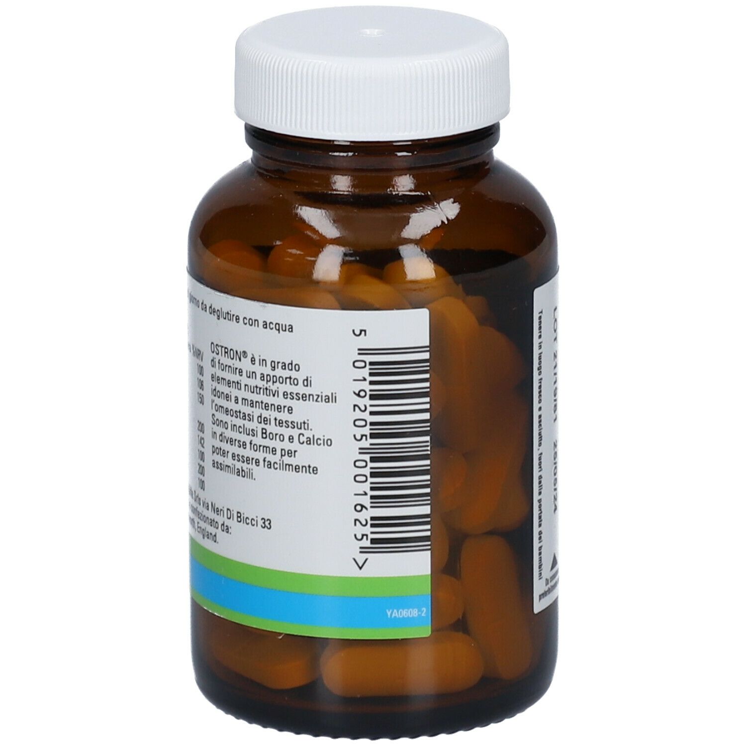 Flacone di vetro marrone con tappo bianco. Scritta: LIFEPLAN Ostron. Contiene boro e calcio. Deglutire con acqua.