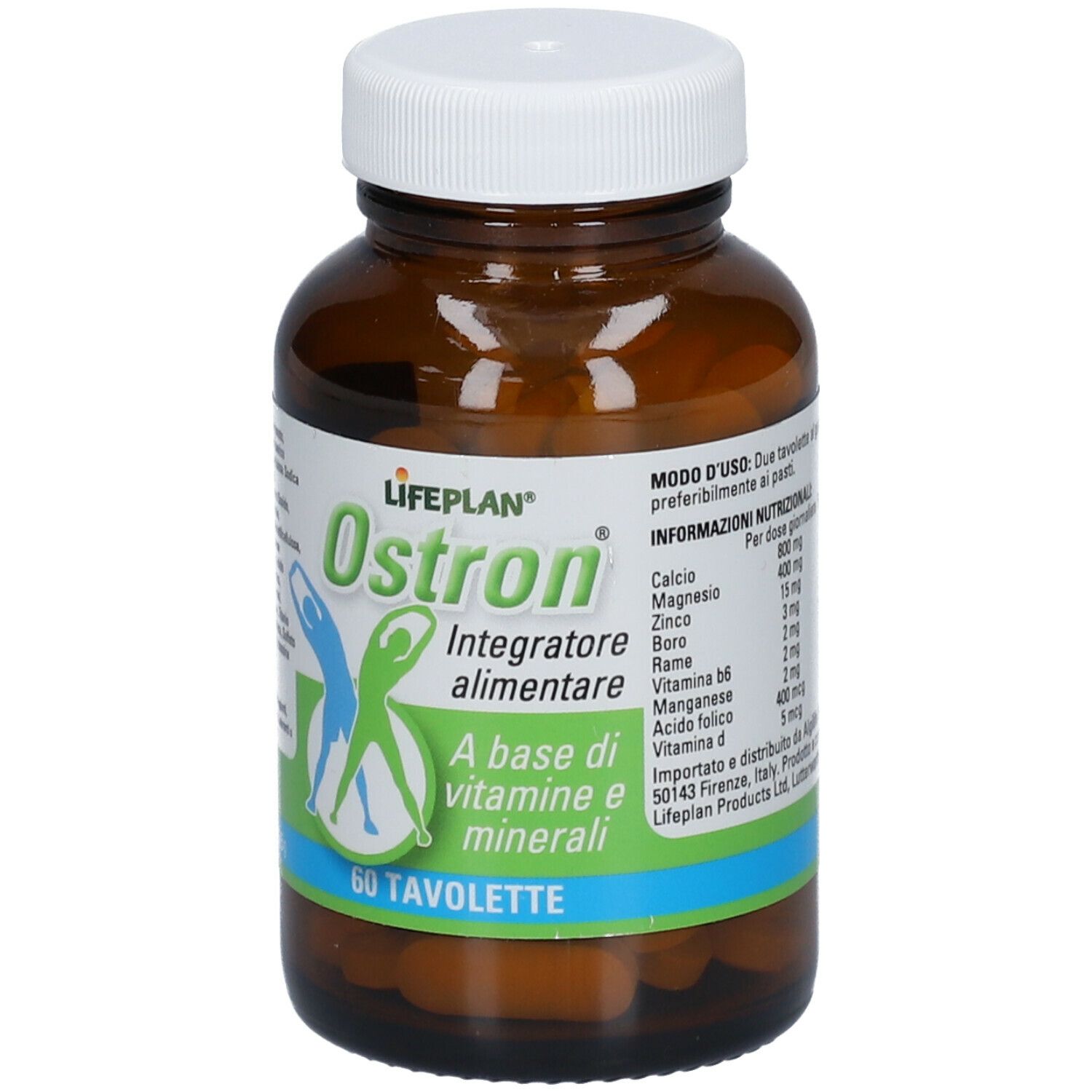Flacone di vetro marrone con tappo bianco. Scritta: LIFEPLAN Ostron, 60 compresse. Contiene vitamine e minerali.
