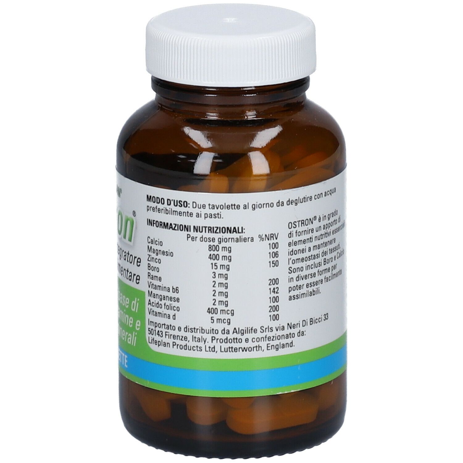 Flacone di vetro marrone con tappo bianco. Scritta: LIFEPLAN Ostron, 60 compresse. Contiene vitamine e minerali.