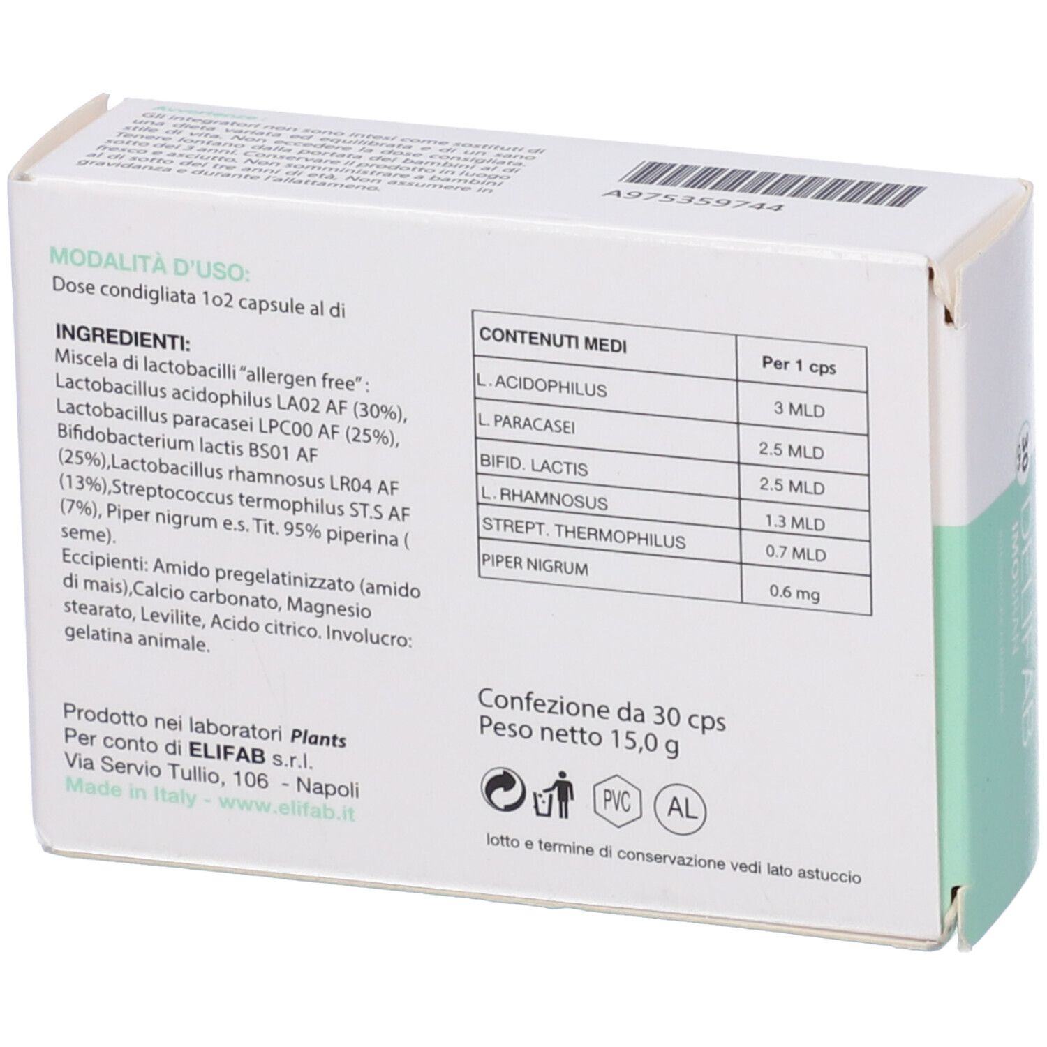 Retro della confezione con ingredienti e informazioni nutrizionali. Contiene 30 capsule. Peso 15,0 g.