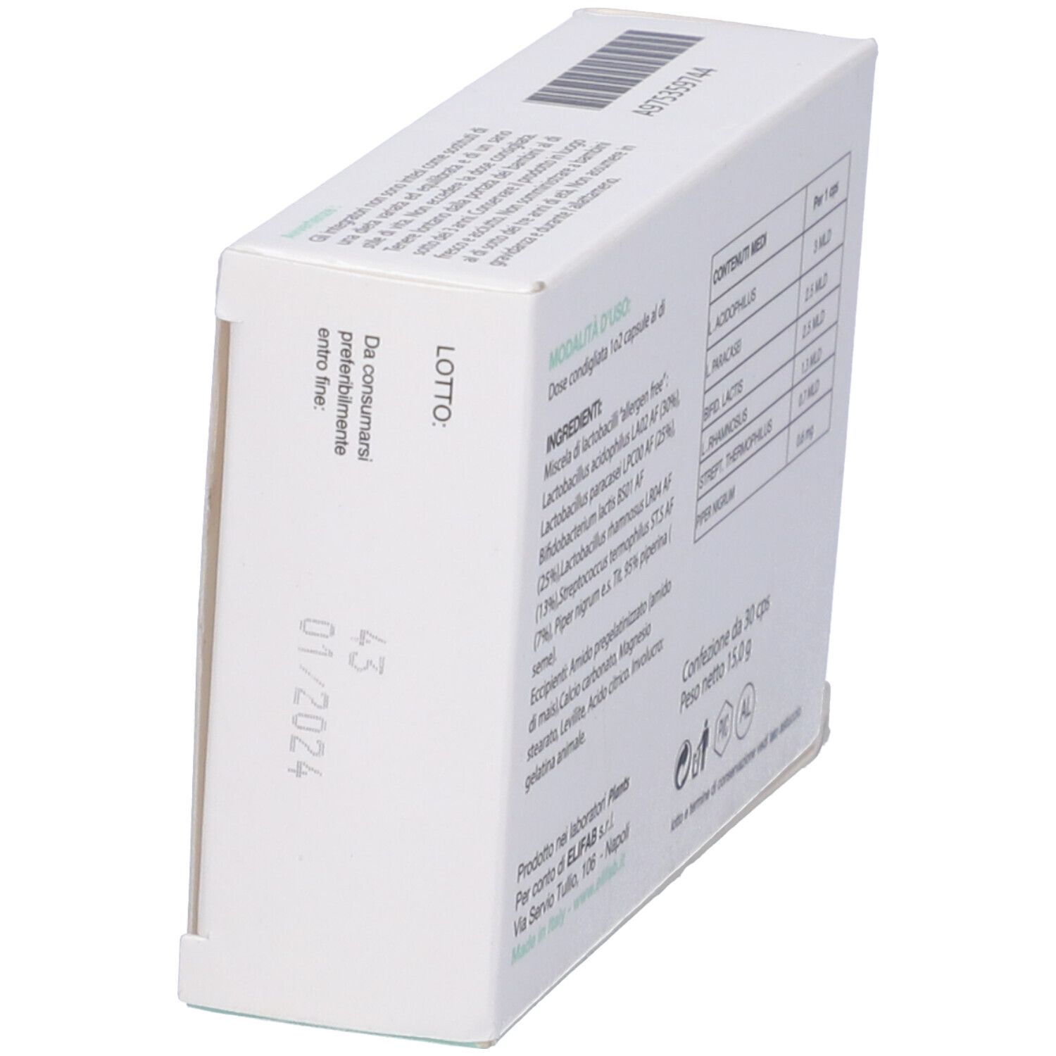 Vista laterale della confezione. Scritta DELIFAB IMOBRAN. Scadenza 01/2024. 30 cps. Peso 15,0 g.