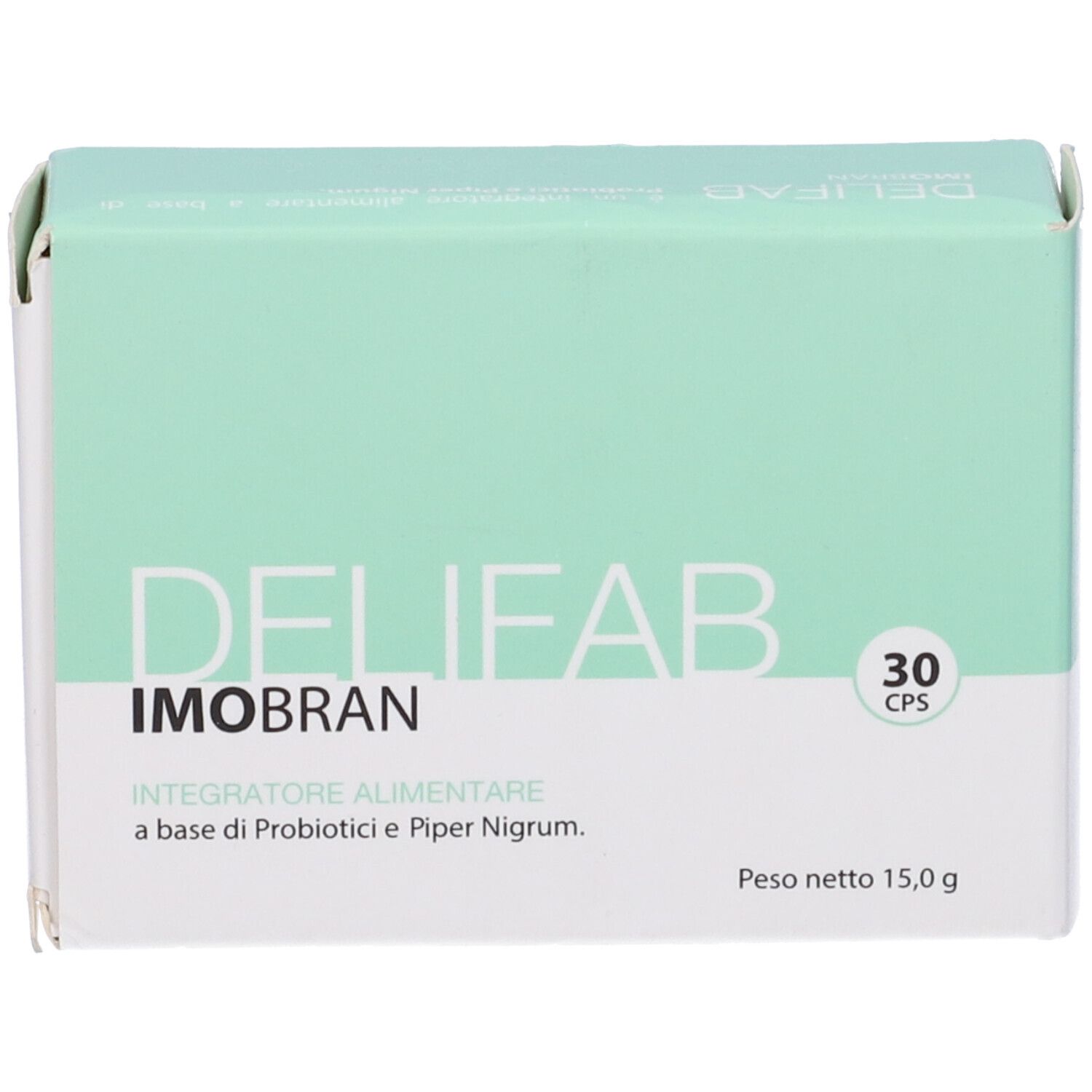 Scatola DELIFAB IMOBRAN, 30 cps. Contiene probiotici e Piper Nigrum. Peso netto 15,0 g.
