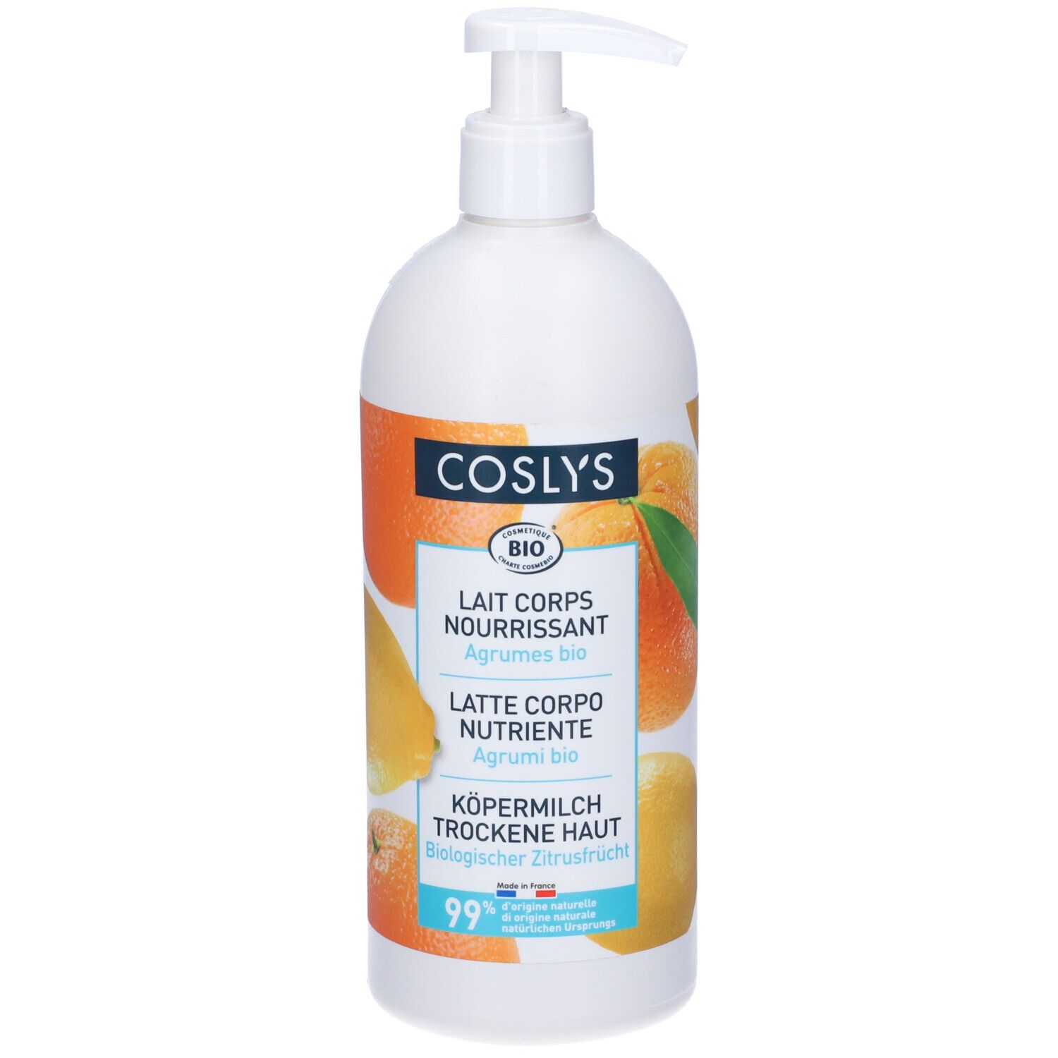 Flacone bianco con dosatore. Etichetta con logo COSLYS, marchio bio e illustrazioni di agrumi. Testo: Latte corpo nutriente, pelle secca.