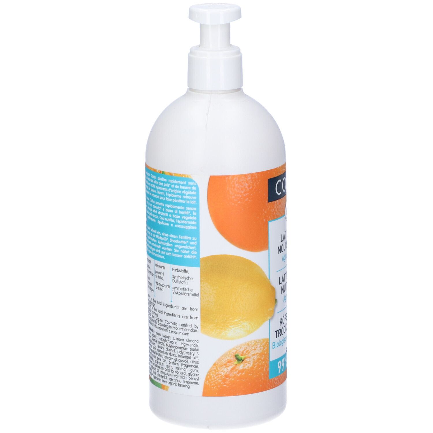 Flacone bianco con dosatore. Etichetta con logo COSLYS, marchio bio e illustrazioni di agrumi. Testo: Lait corps nourrissant.
