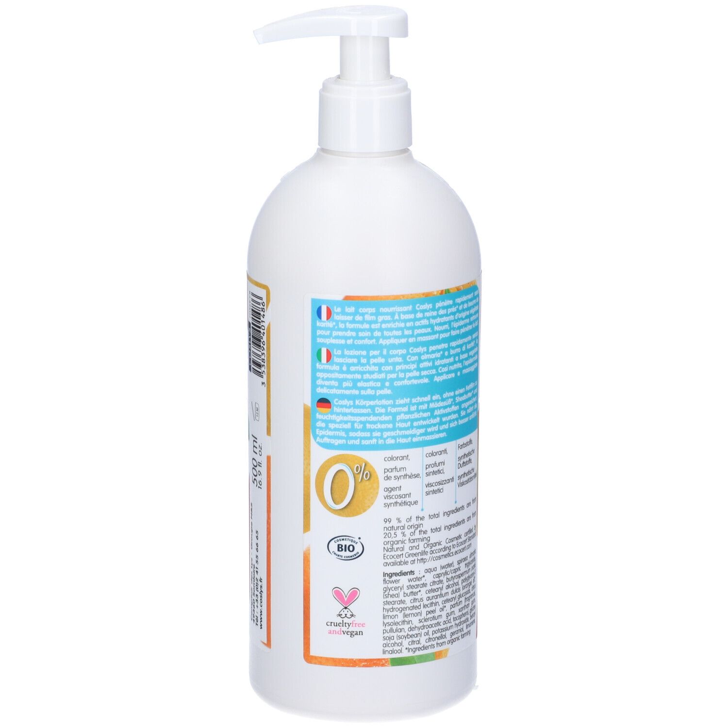 Flacone bianco con dosatore. Etichetta con logo COSLYS, marchio bio e illustrazioni di agrumi. Testo: Lait corps nourrissant.