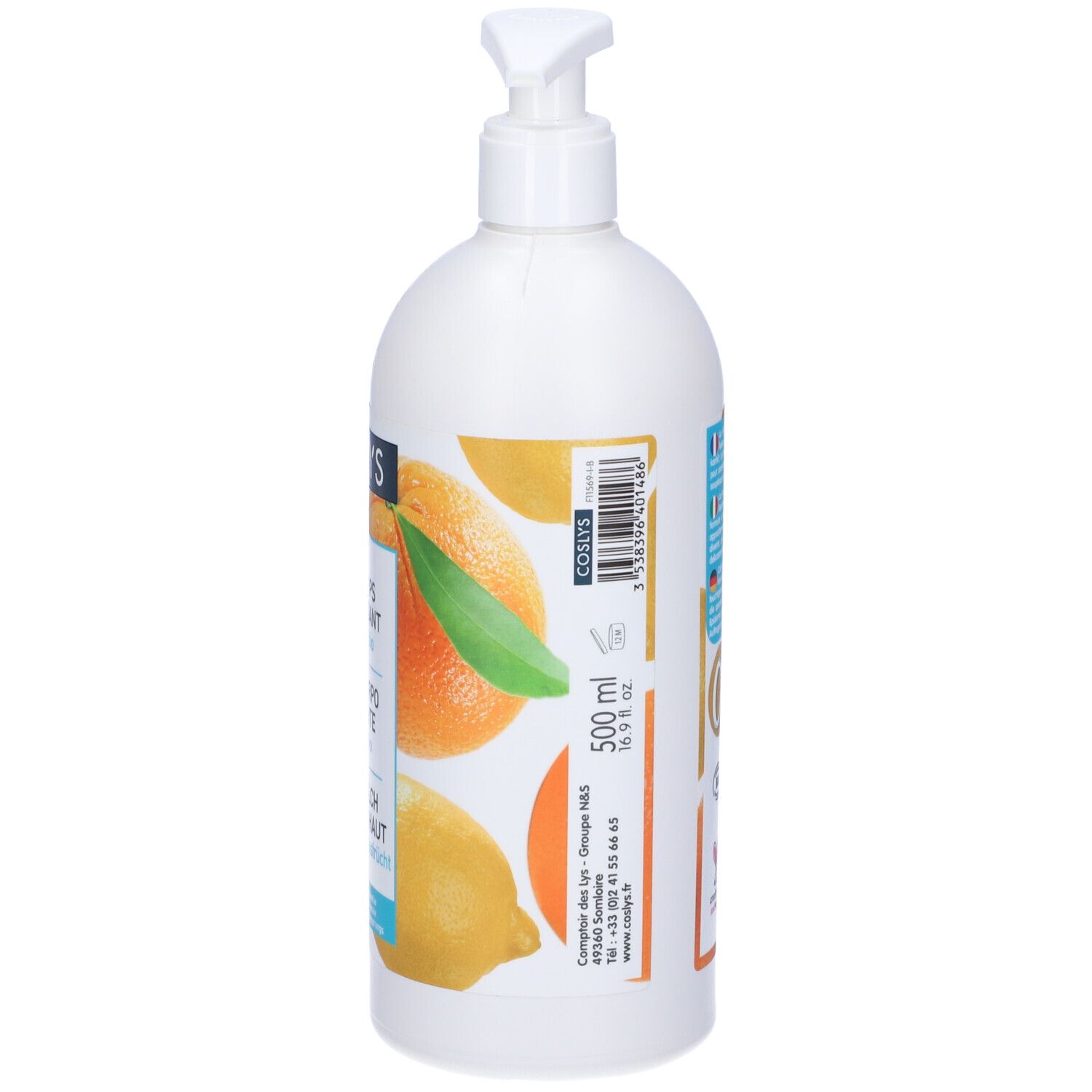 Flacone bianco con dosatore. Etichetta con logo COSLYS, marchio bio e illustrazioni di agrumi. Testo: Latte corpo nutriente, pelle secca, 500 ml.