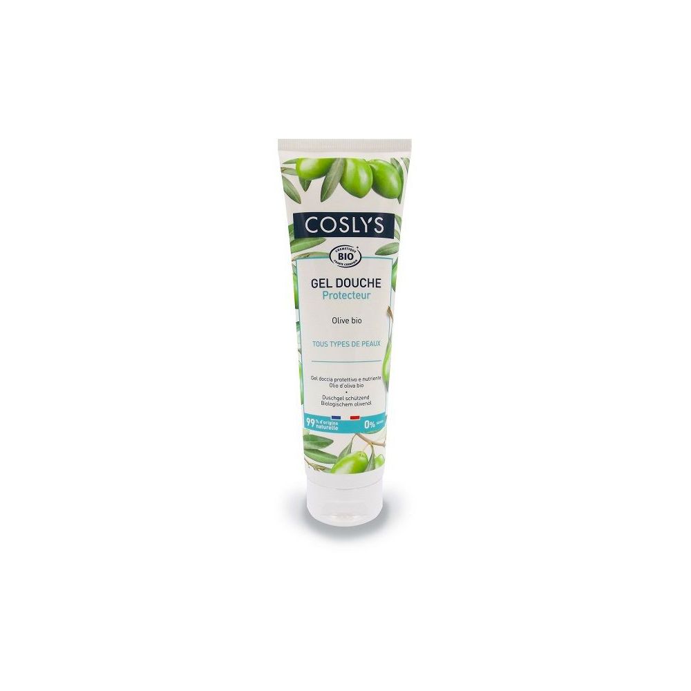 Tubo di gel doccia Coslys, motivo olive. Testo: Gel Douche Protecteur, Olive bio, tutti i tipi di pelle. Certificazione bio.