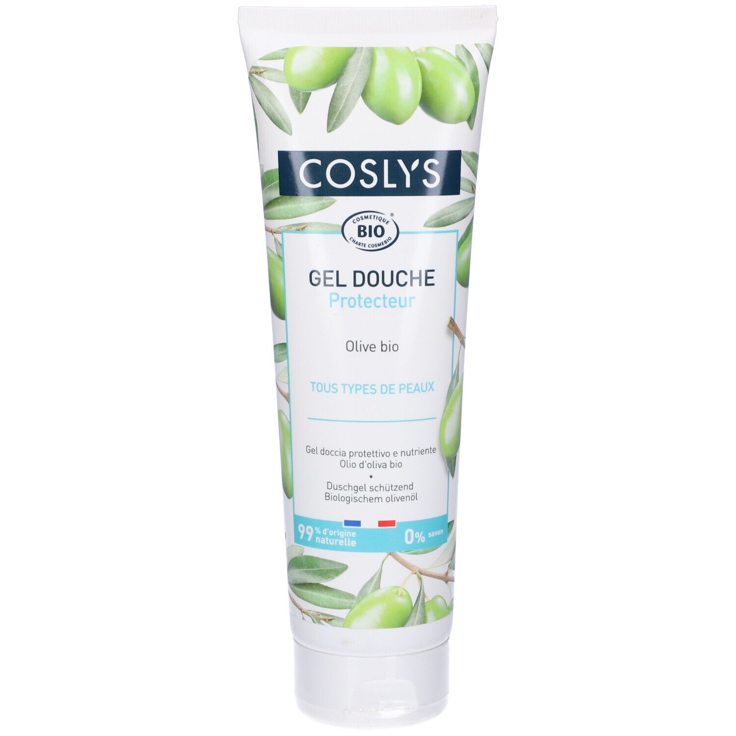 Tubo di gel doccia Coslys, motivo olive. Testo: Gel Douche Protecteur, Olive bio, tutti i tipi di pelle. Certificazione bio.