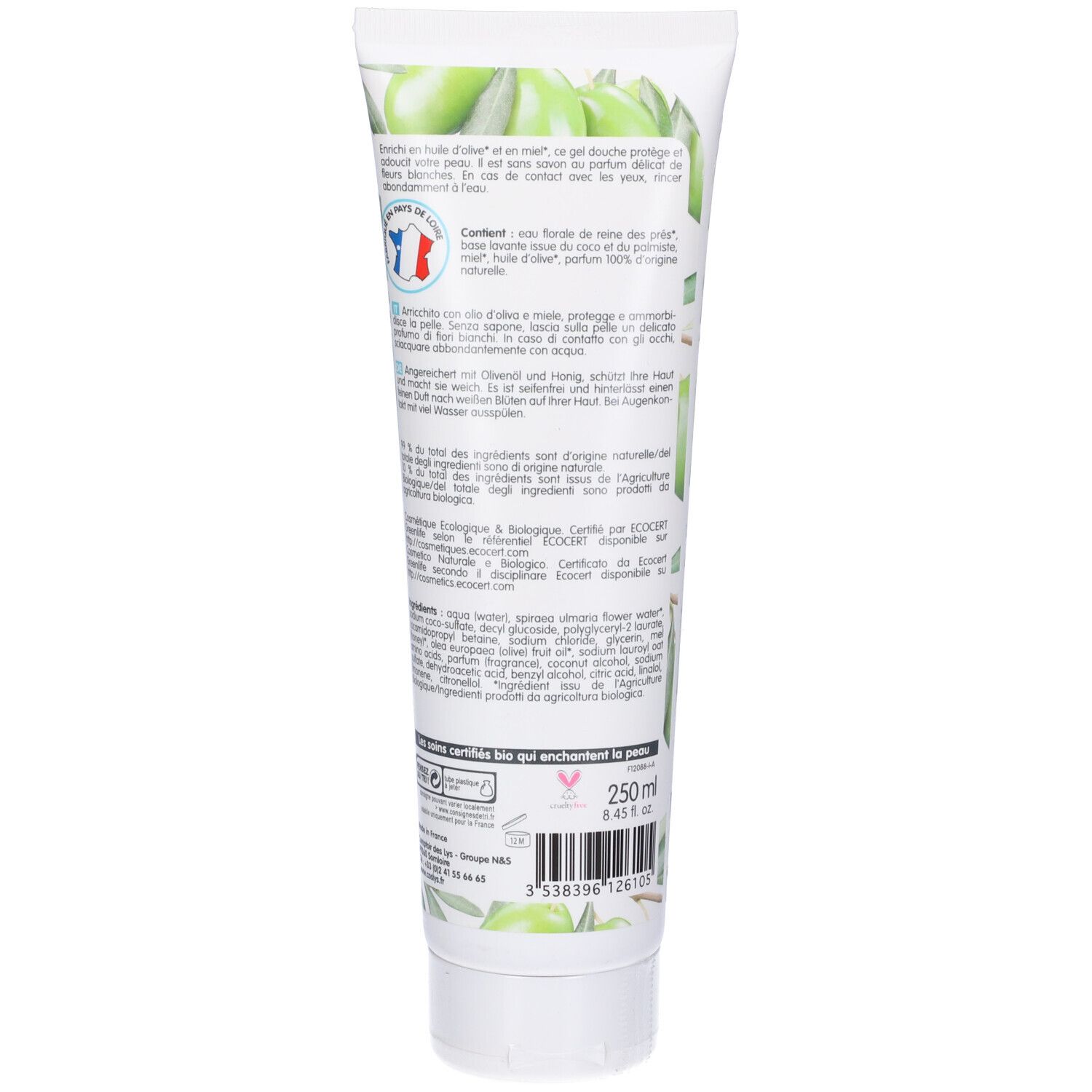 Retro del tubo di gel doccia Coslys. Testo: Ingredienti, certificazioni, 250ml. Estratti di oliva e miele. Logo vegano.
