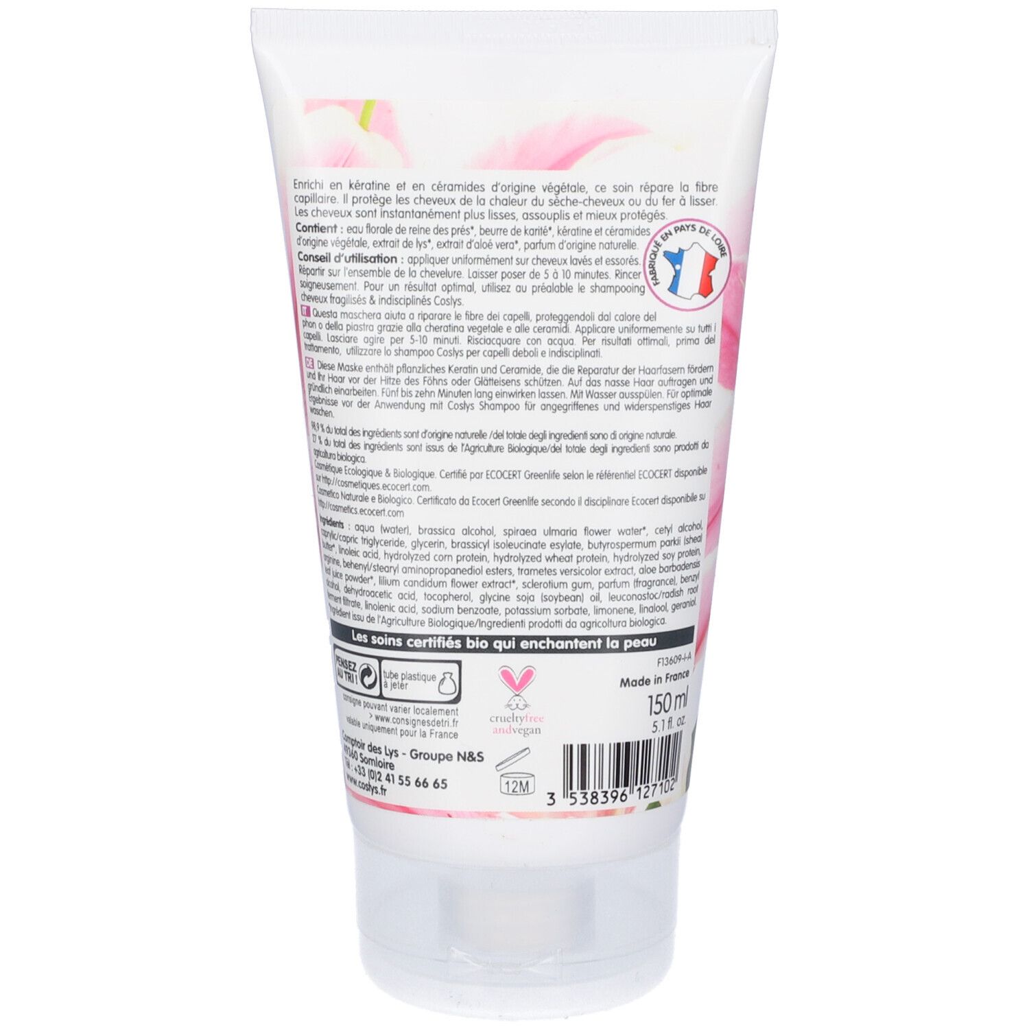 Coslys Maschera Ristrutturante Per Capelli Deboli E Fragili Con Fiori Di Giglio E Cheratina Vegetale Bio