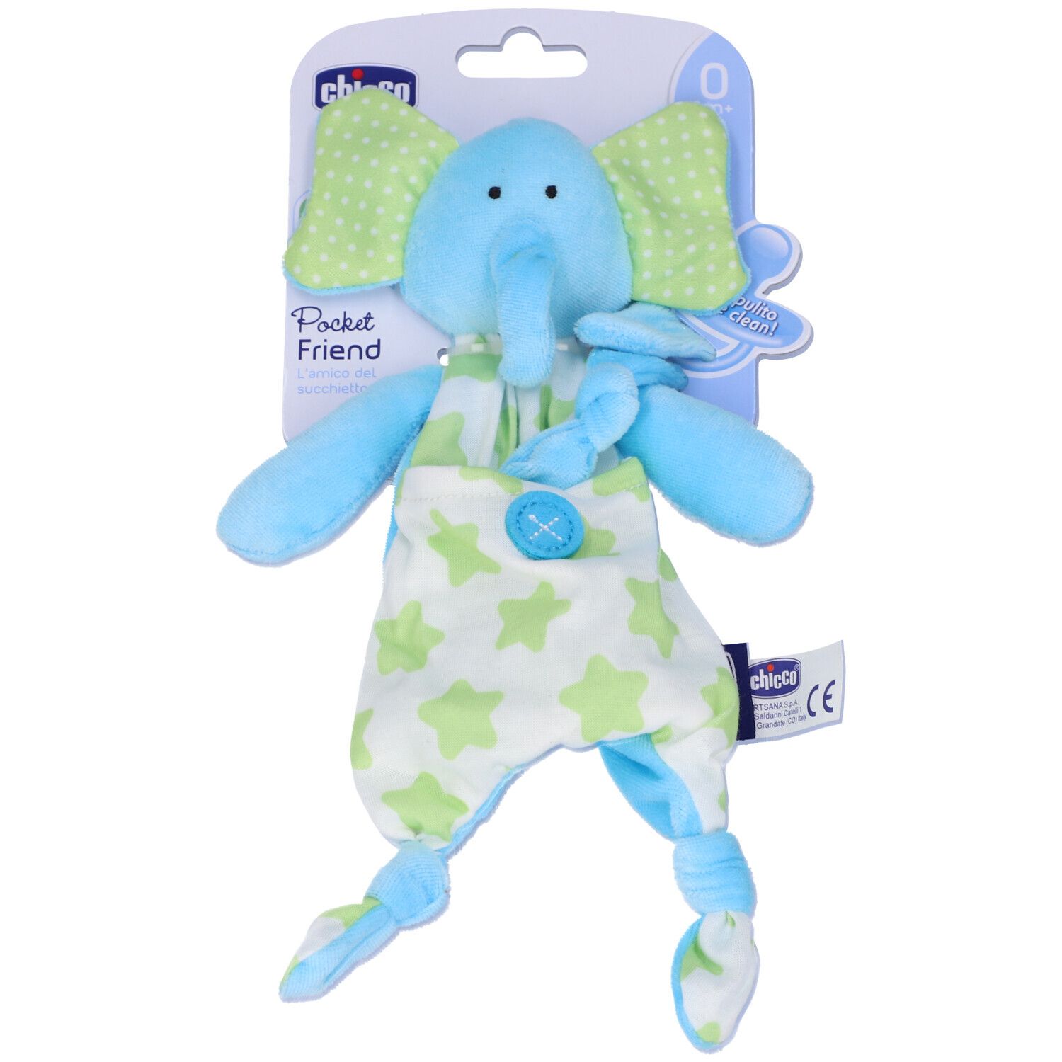 Elefante blu con orecchie verdi e motivo a stelle. Con porta-ciuccio. Su blister.