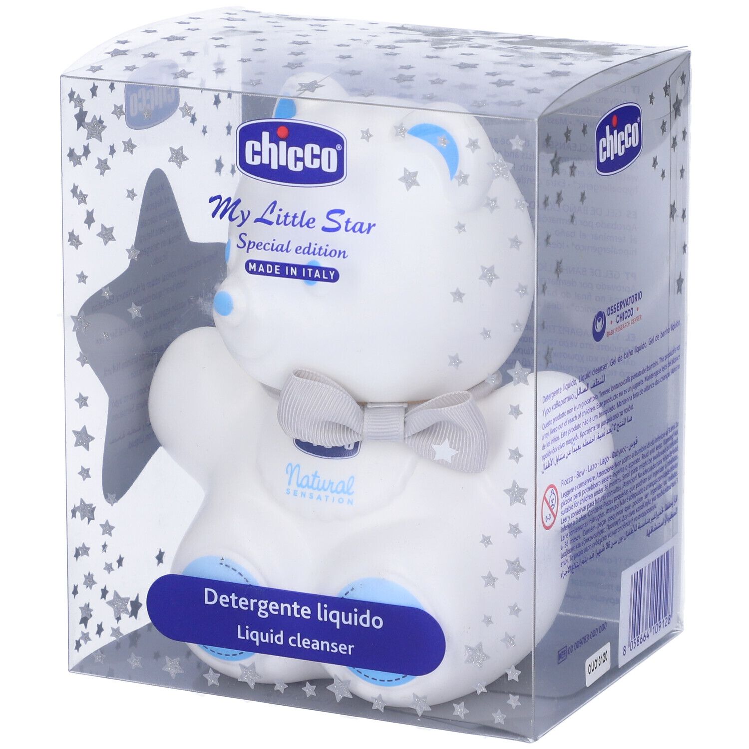 Confezione con orsetto bianco, motivo stelle. Scritte: Chicco, My Little Star, Detergente liquido.