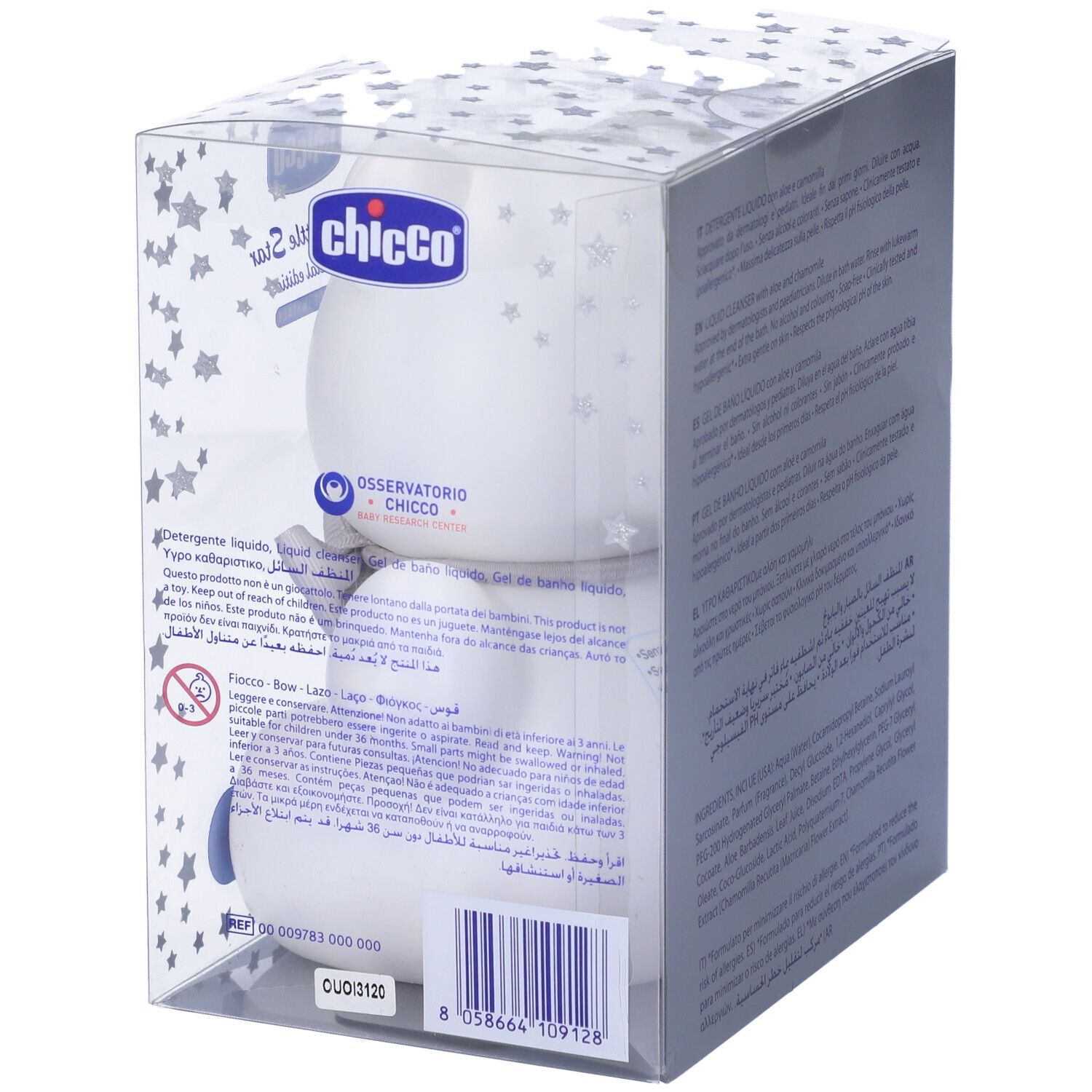 Retro della confezione con testo. Scritte: Chicco, Detergente liquido, avvertenze, codice a barre.