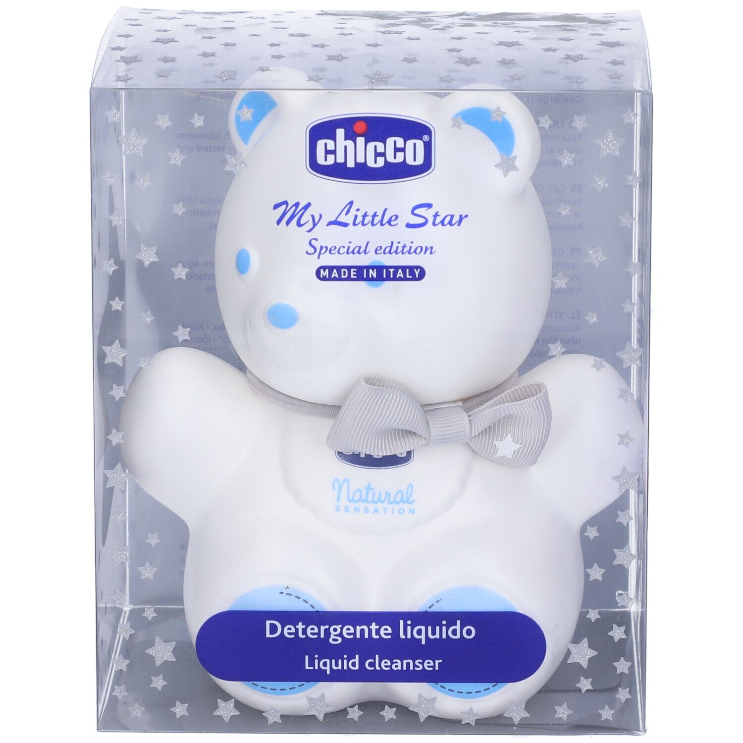 Confezione con orsetto bianco, motivo stelle. Scritte: Chicco, My Little Star, Detergente liquido.