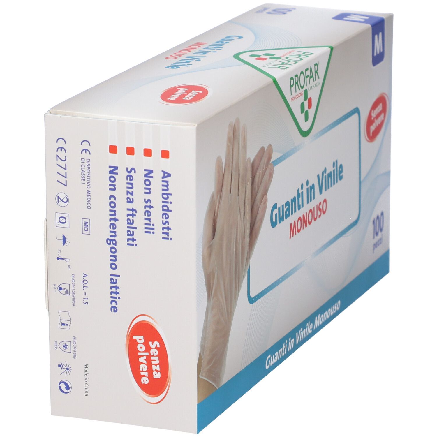 Scatola da 100 guanti in vinile monouso senza polvere, taglia M. Ambidestri, non sterili.