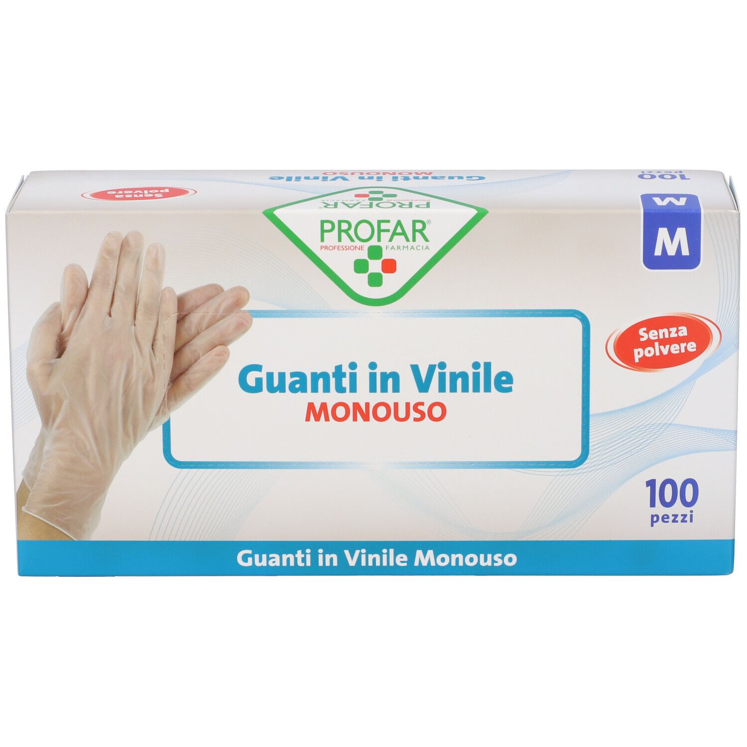 Scatola da 100 guanti in vinile monouso senza polvere, taglia M. Fronte con immagine del prodotto.