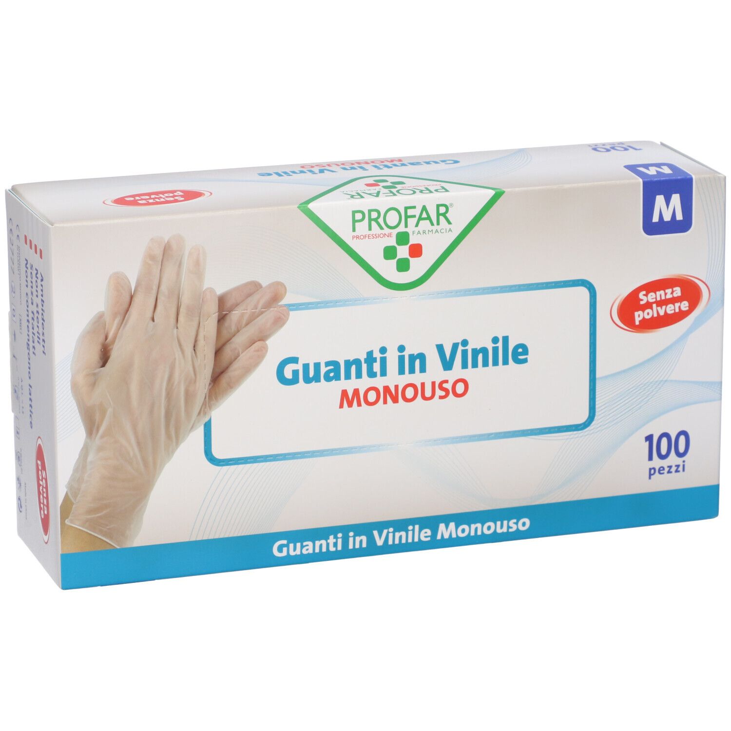 Scatola da 100 guanti in vinile monouso senza polvere, taglia M. Con logo e nome del prodotto.
