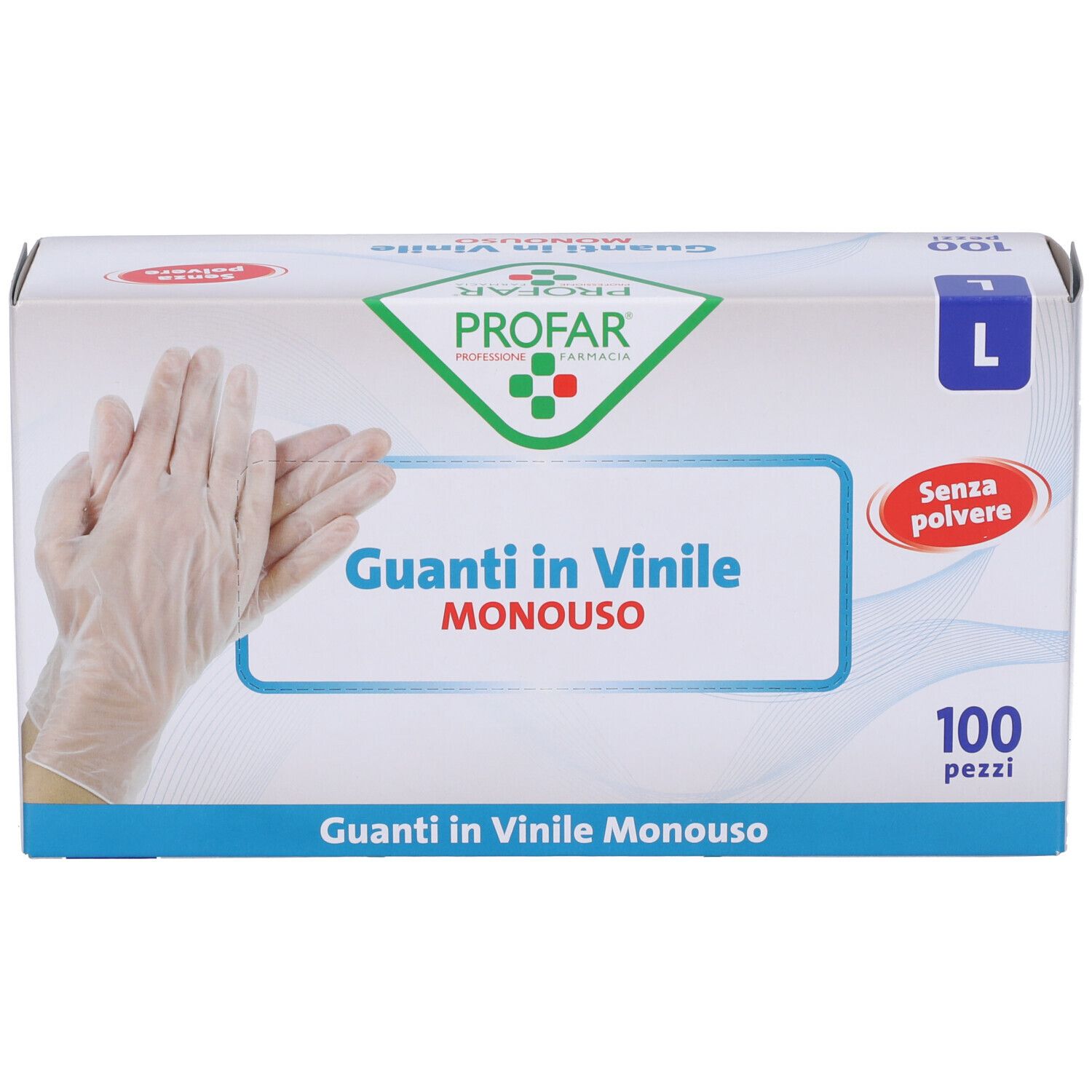 Fronte di una confezione guanti in vinile monouso, taglia L, con immagine di mani.