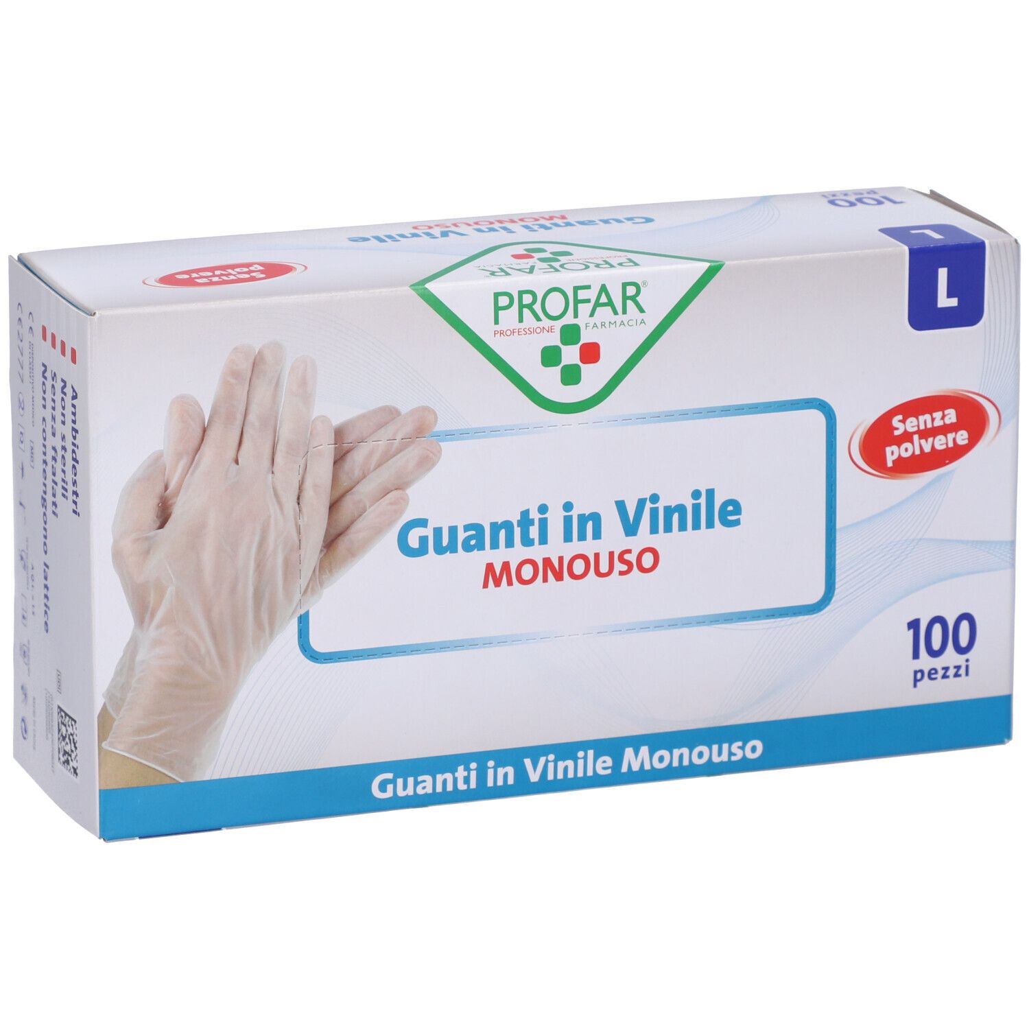 Confezione guanti in vinile monouso, taglia L, 100 pezzi, con logo e indicazione di taglia.