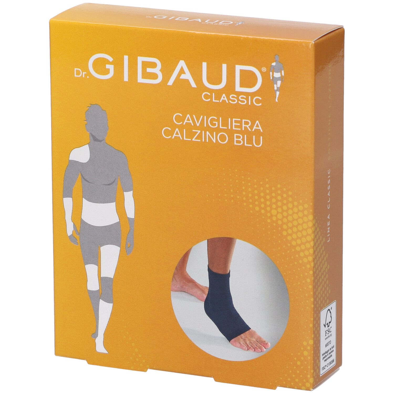 Confezione di Dr. Gibaud Classic Cavigliera Calzino Blu. Sulla confezione è raffigurato un tutore per la caviglia.