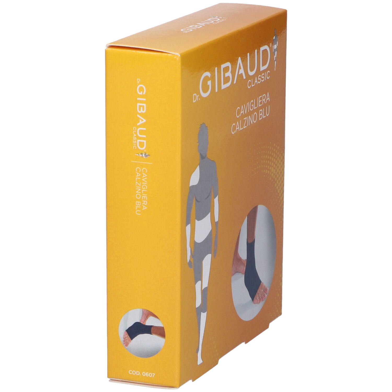 Confezione di Dr. Gibaud Classic Cavigliera Calzino Blu. La confezione mostra un tutore per la caviglia e un'illustrazione.